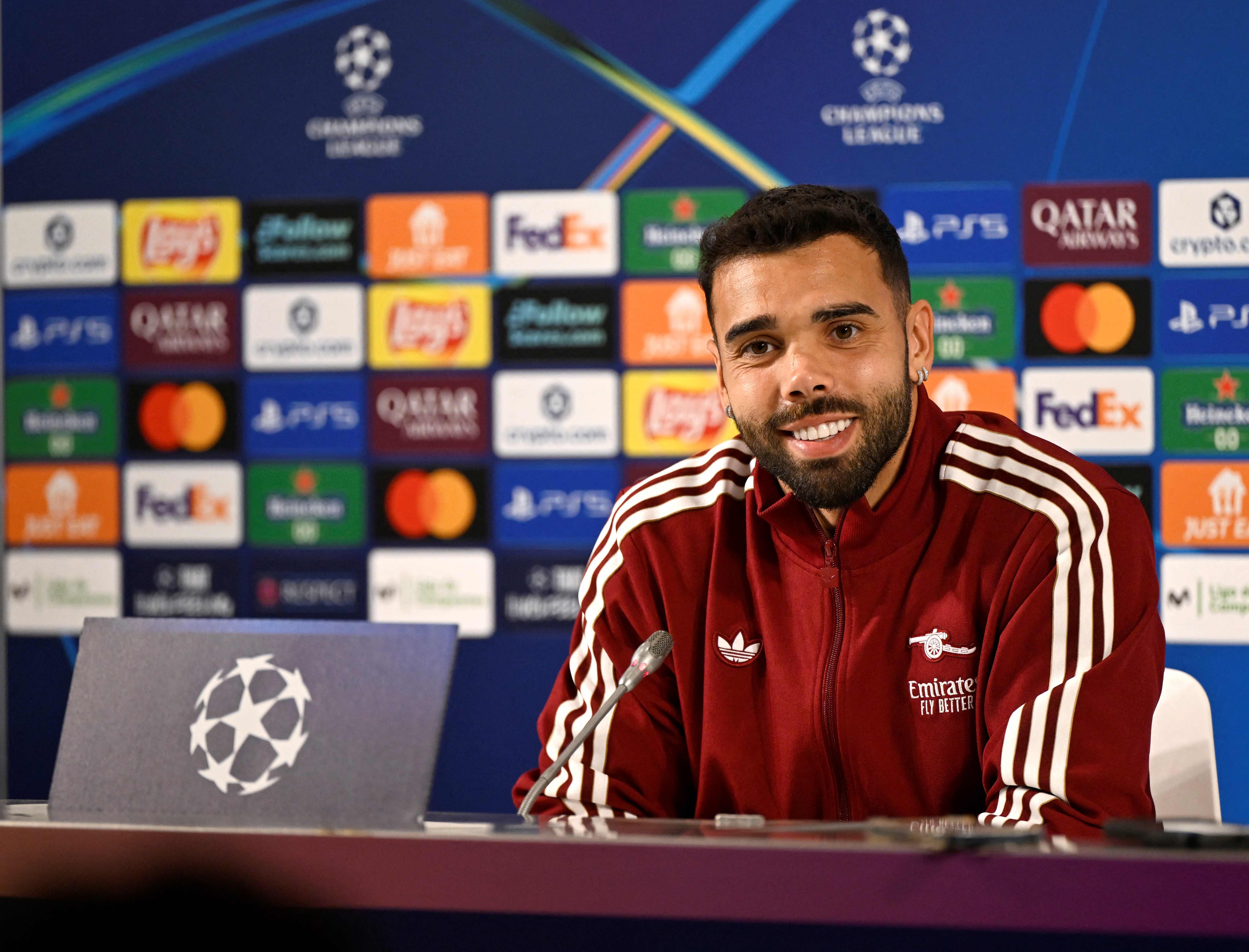 Arsenal's Spanish goalkeeper David Raya gives a press conference on the eve of the UEFA Champions League football match between Athletic Bilbao and Arsenal at the San Mames stadium in Bilbao on September 15, 2025. (Photo by ANDER GILLENEA / AFP)