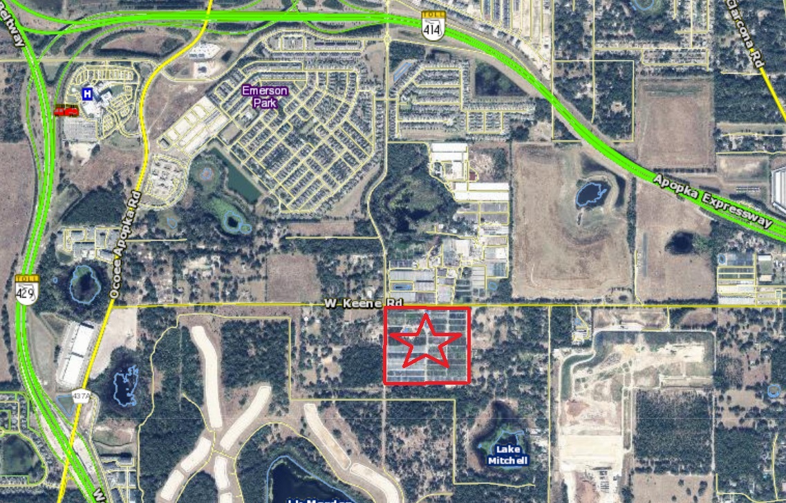 El desarrollo residencial está planeado para casi 40 acres en el lado sur de Keene Road, entre 429 y 414 (tasador de propiedades del condado de Orange)