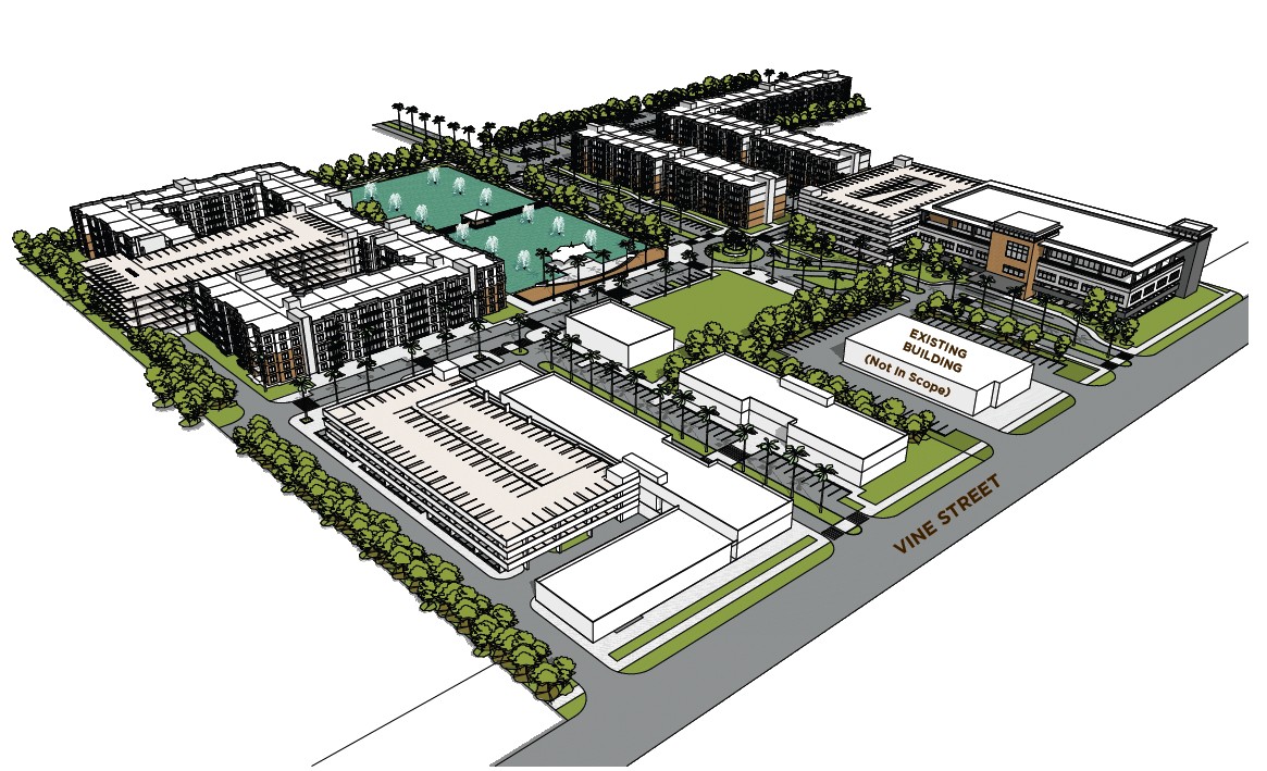 El plan requiere tres comunidades de apartamentos en la mitad norte del proyecto, las cinco historias, con usos minoristas y de oficina en la mitad sur y un gran estanque y espacio cívico en el corazón del proyecto. (Renderización de Cormia Design Group)