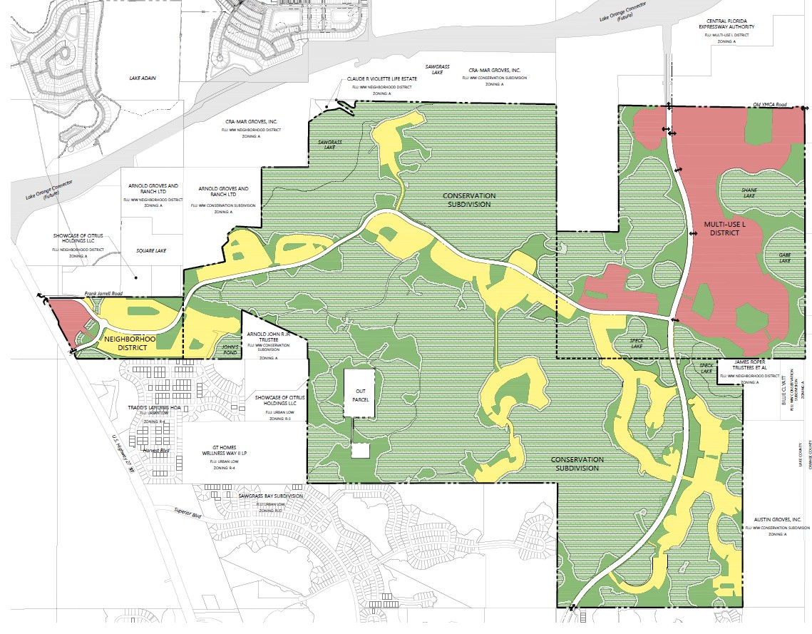 GT USA está creando un gran distrito de resort en la antigua propiedad de Roper y un centro comercial más pequeño en US 27. El desarrollo residencial se dividirá entre un distrito de vecindario y una subdivisión de conservación. (Plan de sitio por VHB)