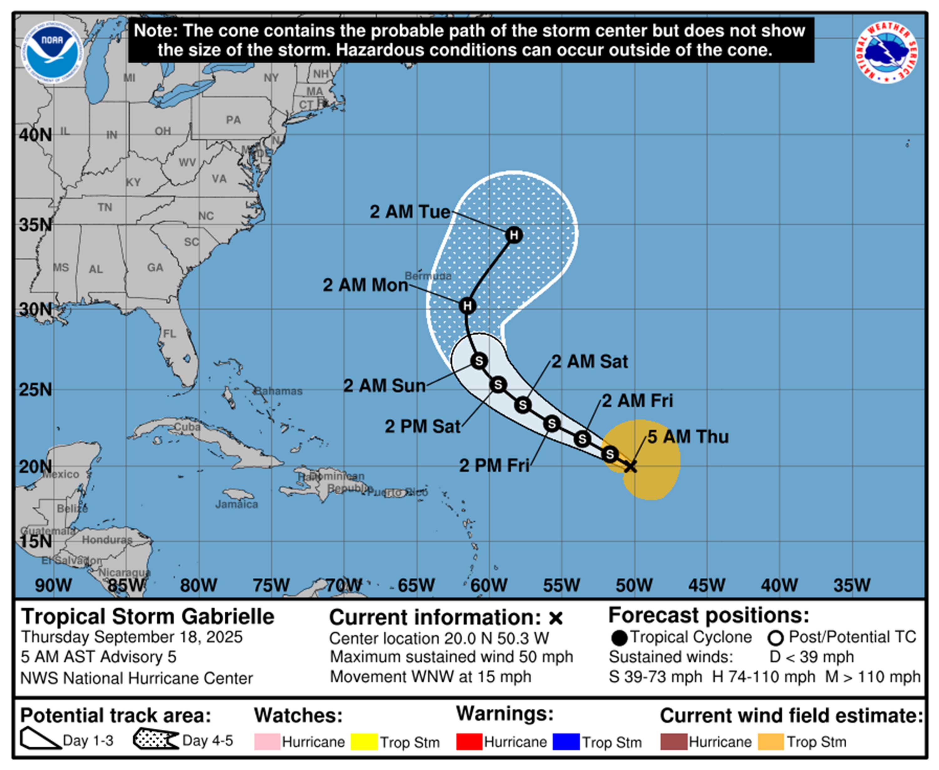 Tormenta tropical Gabrielle Forecast Rath a partir de las 5 de la mañana del jueves 18 de septiembre de 2025. (NHC)