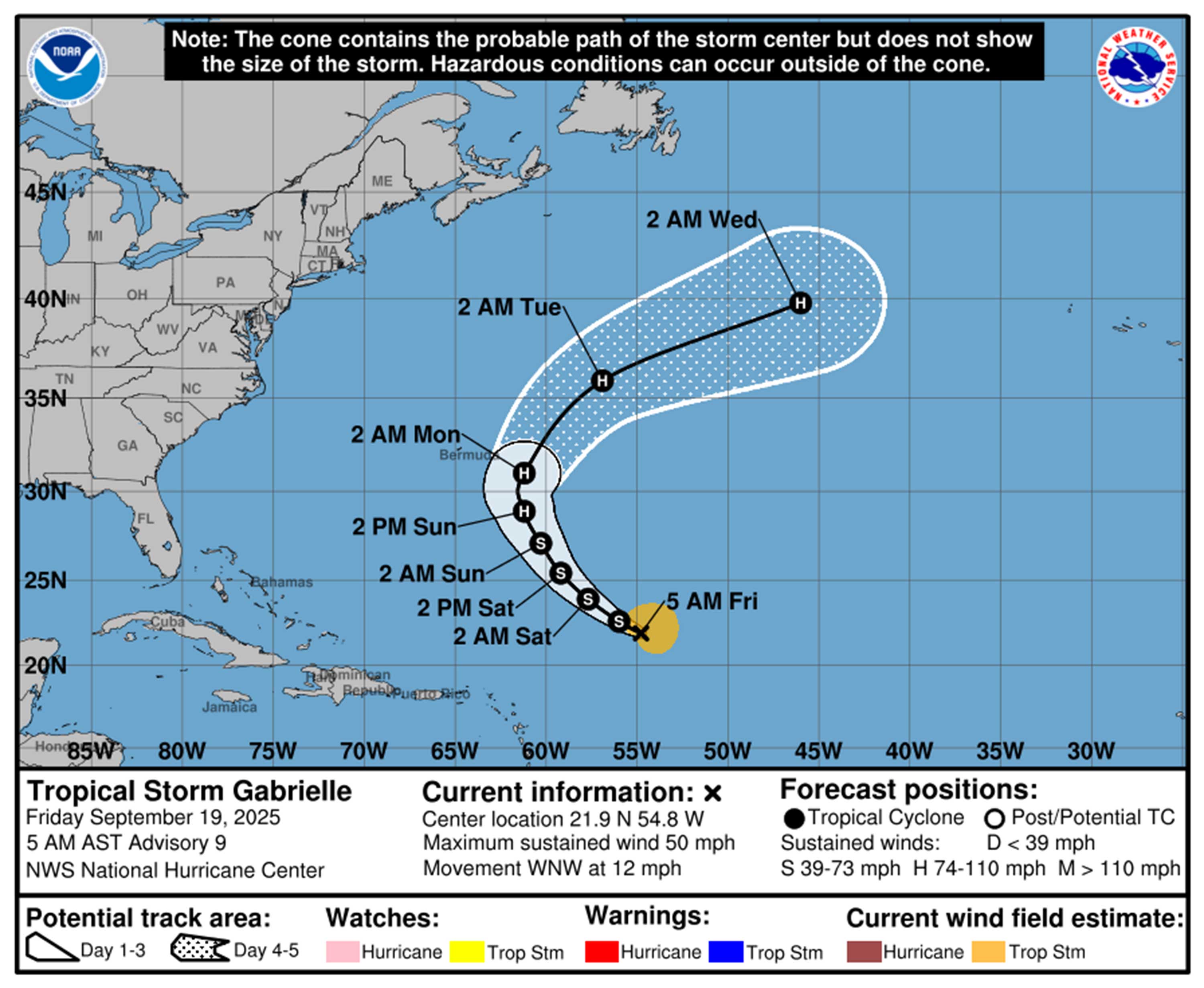 Tormenta tropical Gabrielle Forecast Rath a partir de las 5 de la mañana del viernes 19 de septiembre de 2025. (NHC)