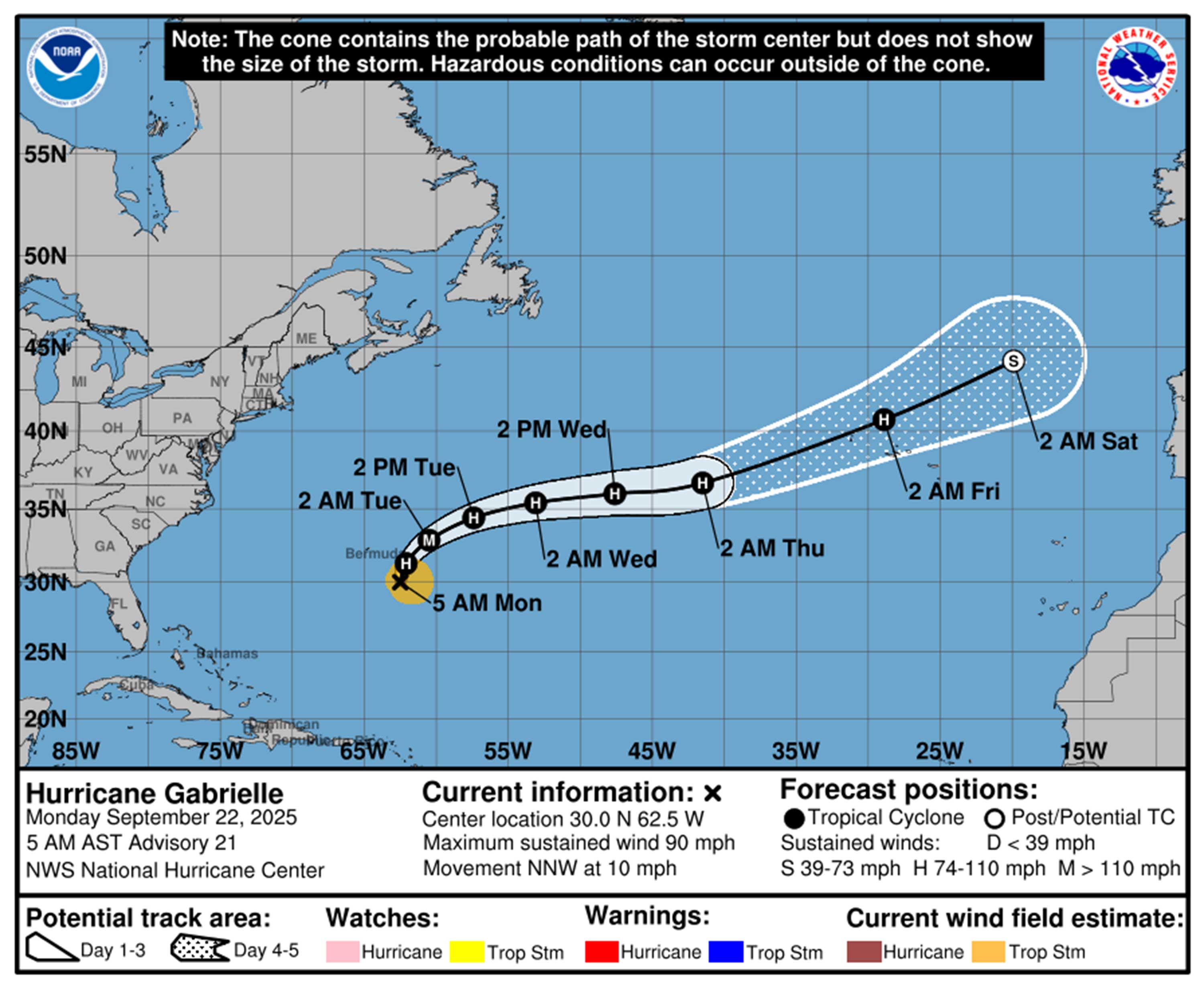 La ruta de pronóstico del huracán Gabrielle a partir de las 5 de la mañana del lunes 22 de septiembre de 2025. (NHC)