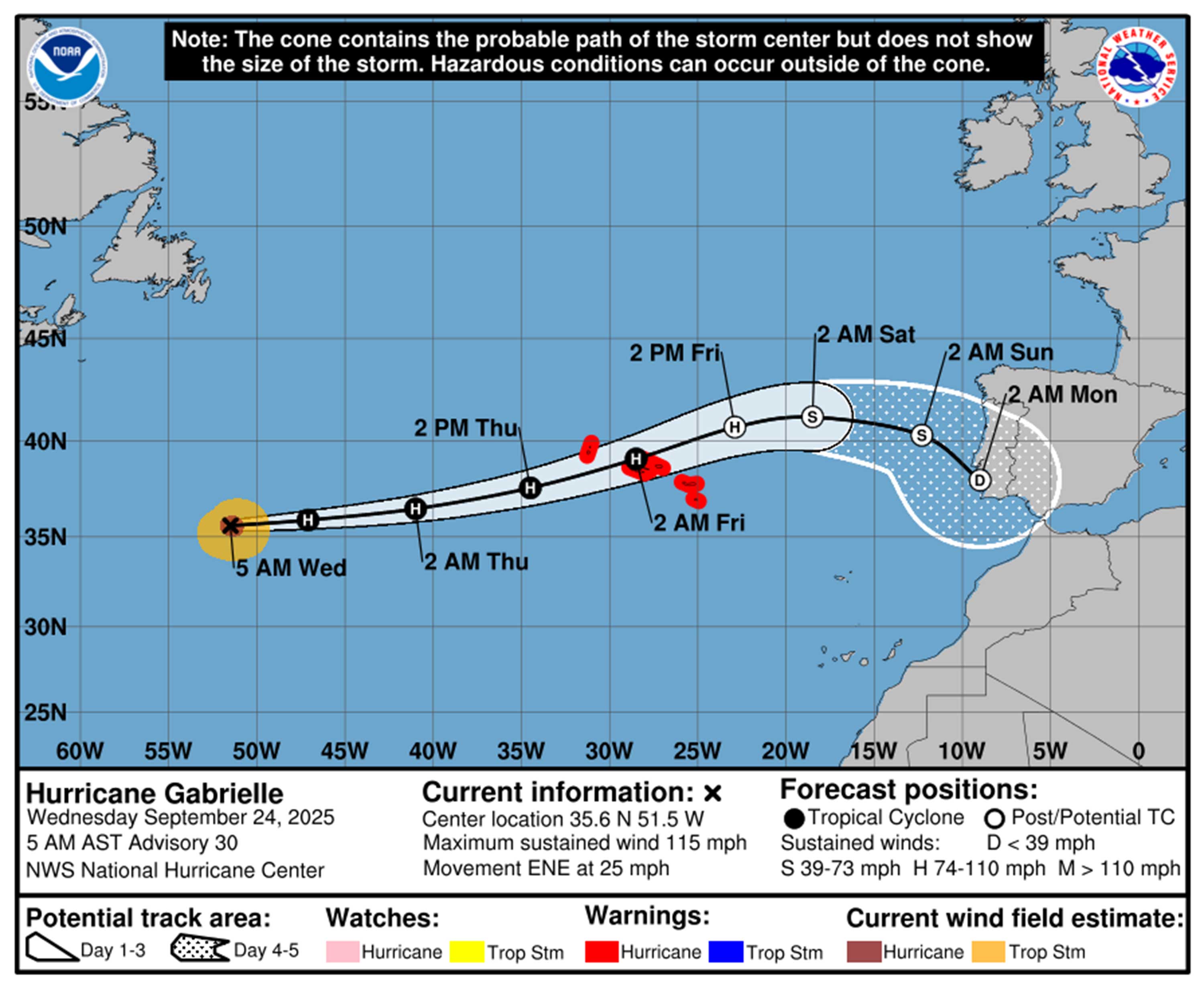 El camino de pronóstico del huracán Gabrielle a partir de las 5 de la mañana del miércoles 24 de septiembre de 2025. (NHC)