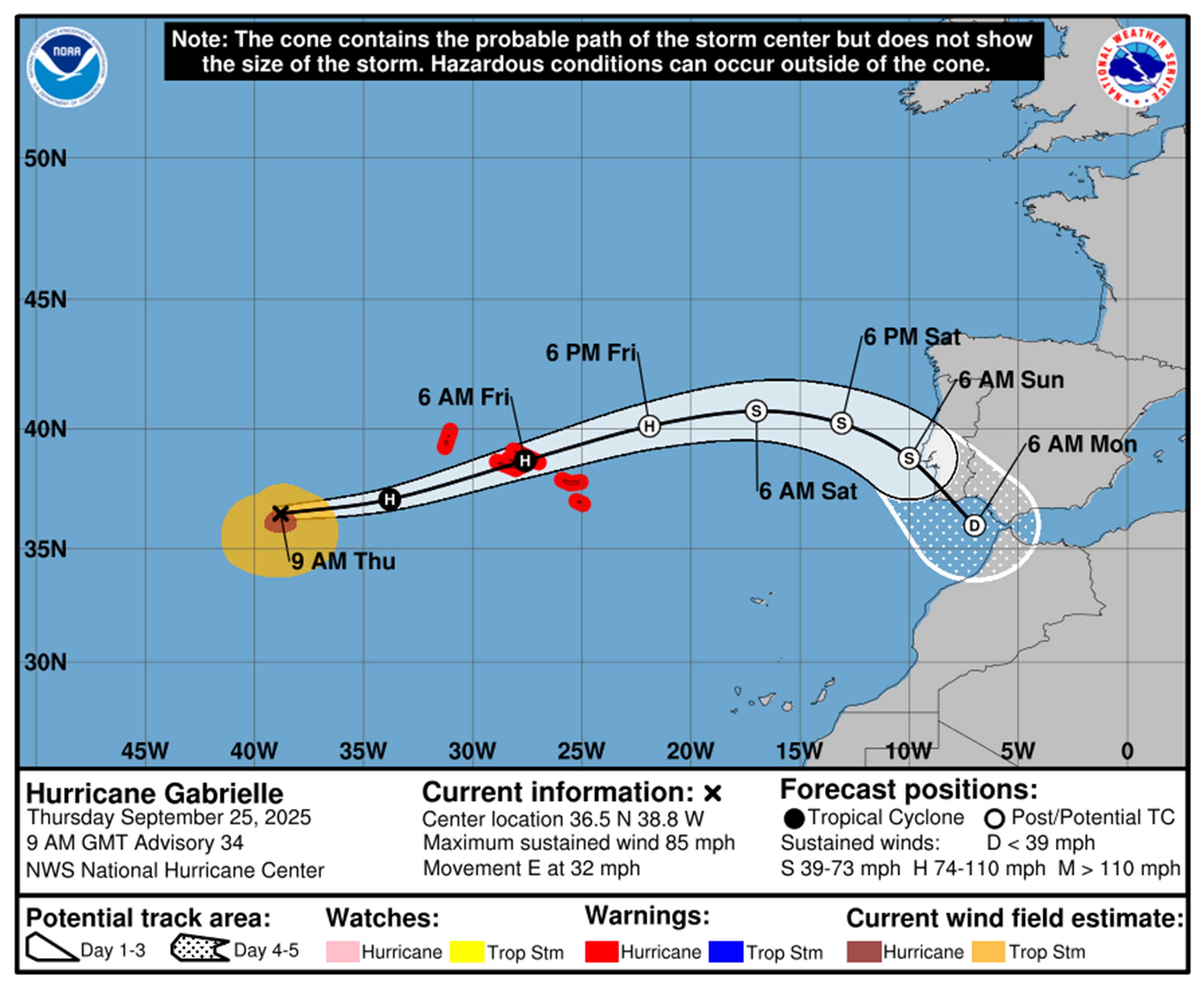 Hurricane Gabrielle Forecast Rath a partir de las 5 de la mañana del jueves 25 de septiembre de 2025. (NHC)