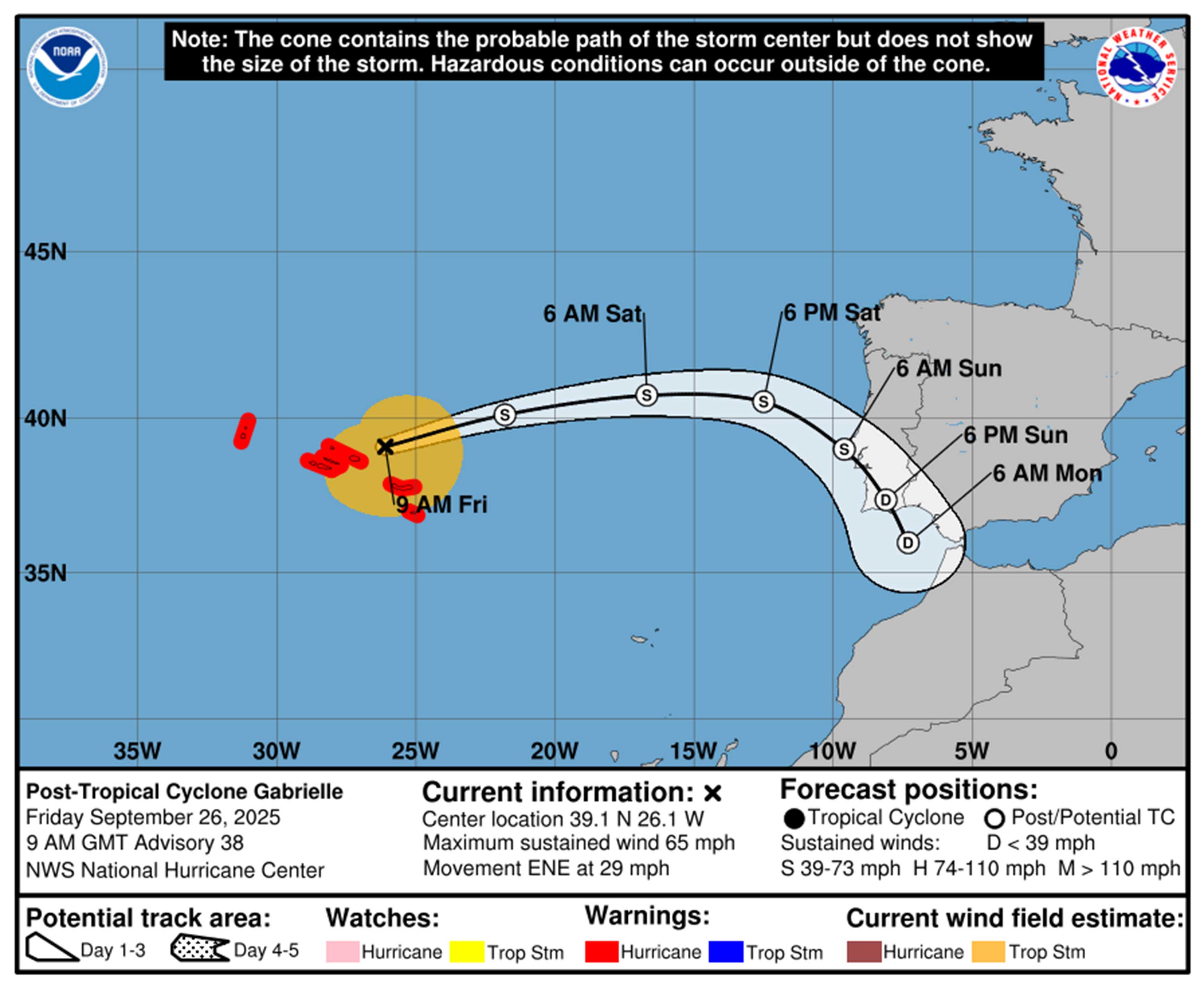Cyclone post-tropical Gabrielle Previsión de Gabrielle a partir de las 5 de la mañana del viernes 26 de septiembre de 2025. (NHC)