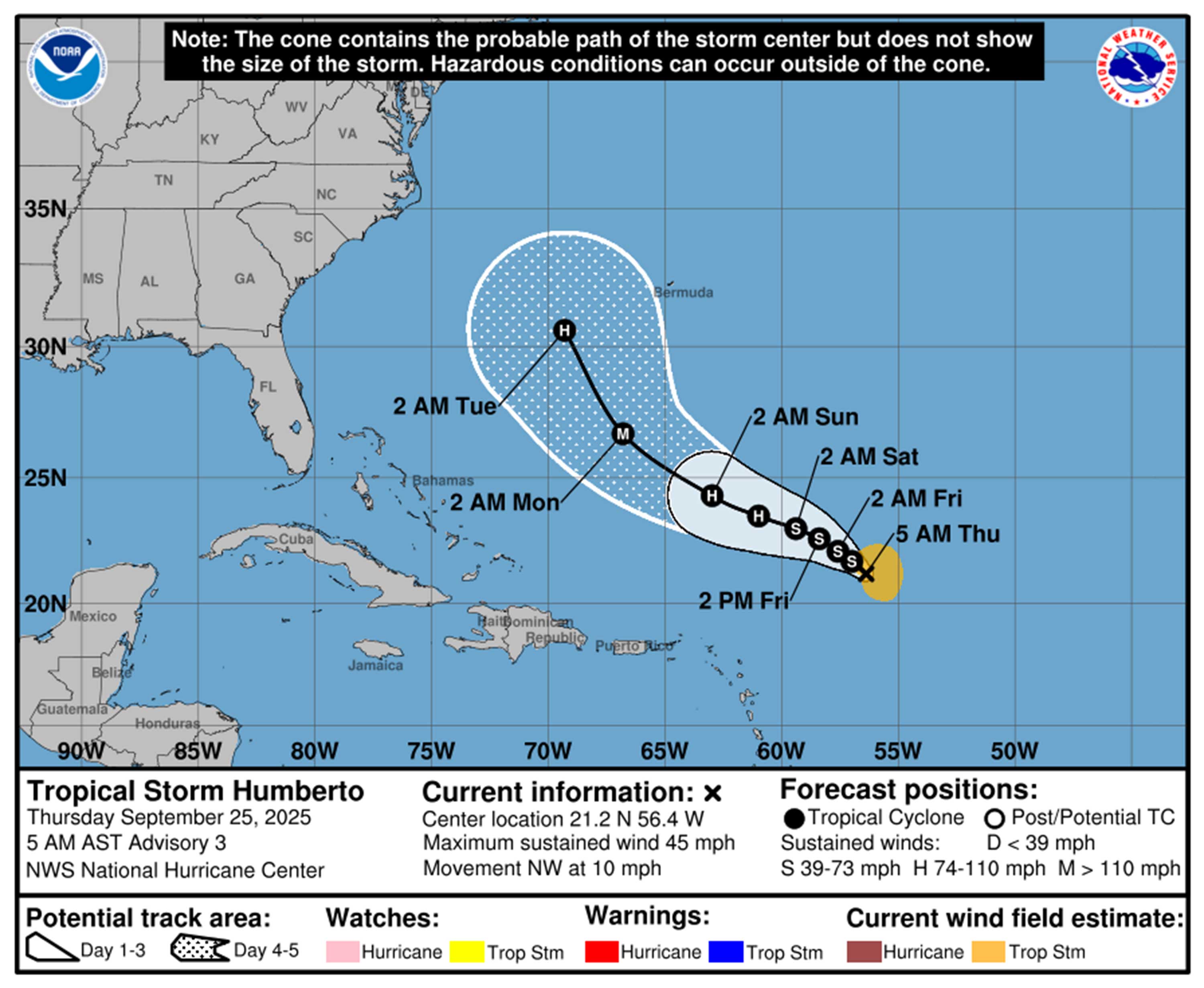 Tormenta tropical Humberto Pronóstico a partir de las 5 am Jueves, 25 de septiembre de 2025. (NHC)
