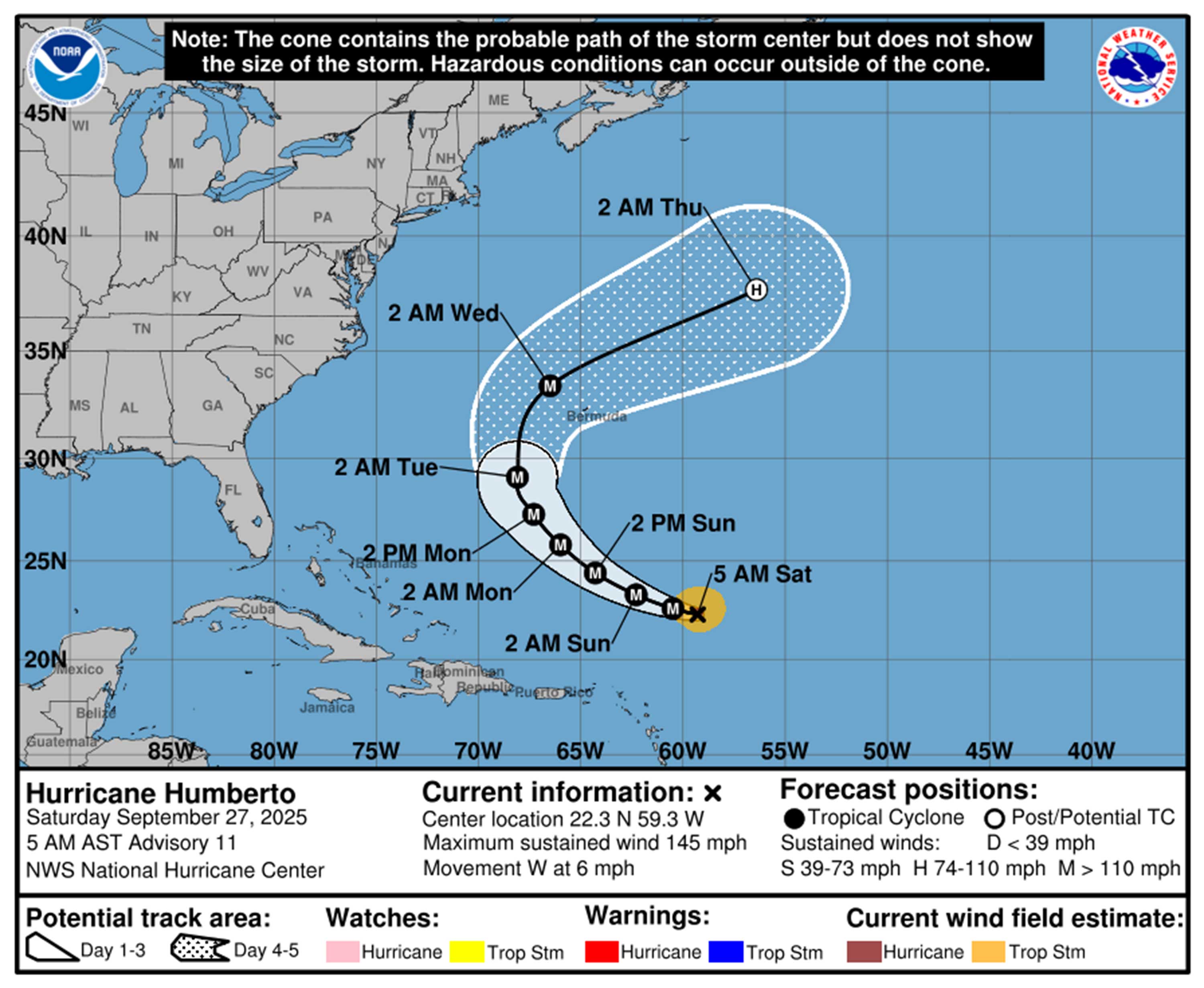 Hurricane Humberto Pronóstico a partir de las 5 de la mañana del sábado 27 de septiembre de 2025. (NHC)