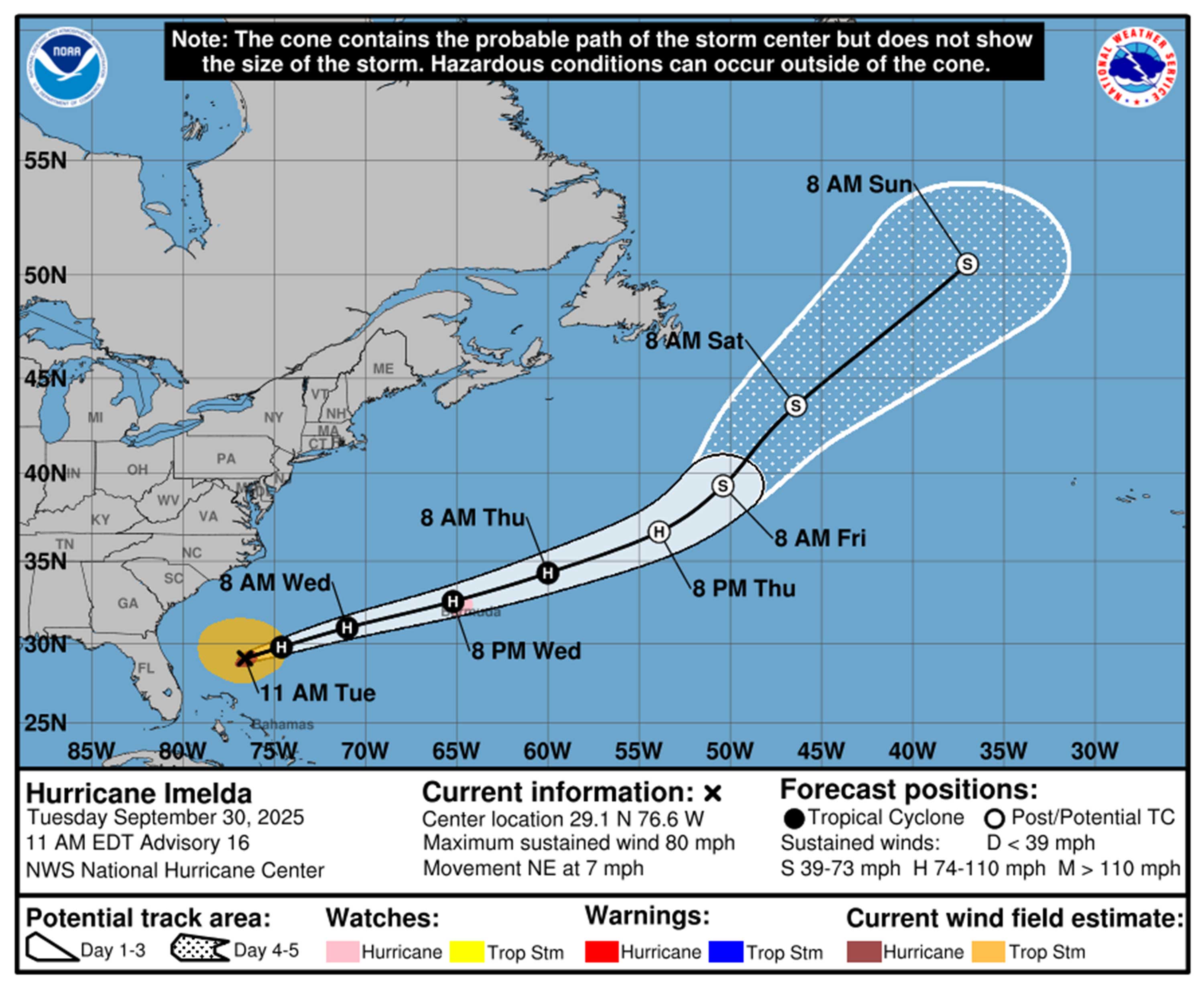 Hurricane Imelda Pronóstico a partir de las 11 de la mañana del martes 30 de septiembre de 2025. (NHC)