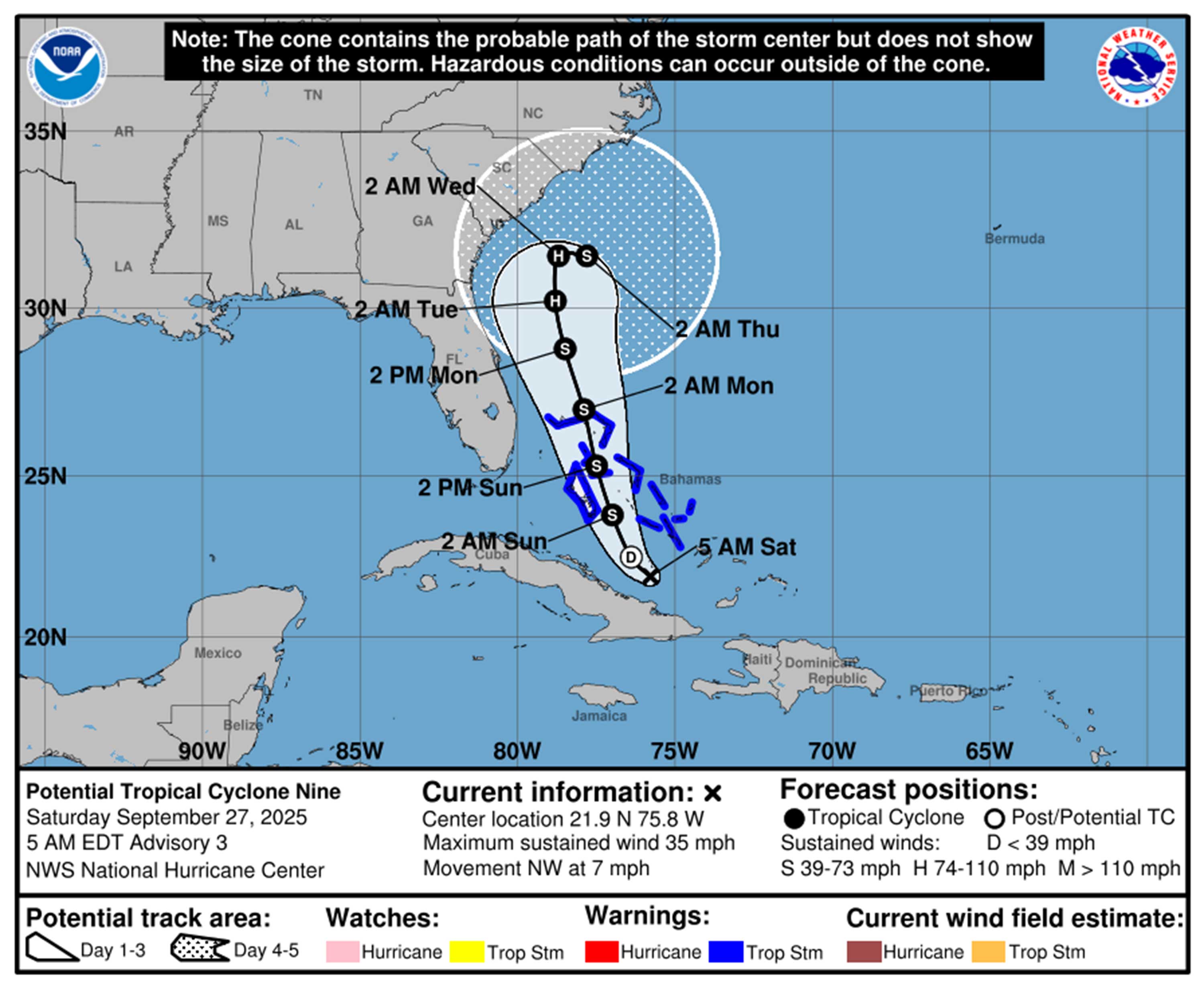 Potencial Ciclón tropical Nine Ruta de pronóstico a partir de las 5 de la mañana del sábado 27 de septiembre de 2025. (NHC)