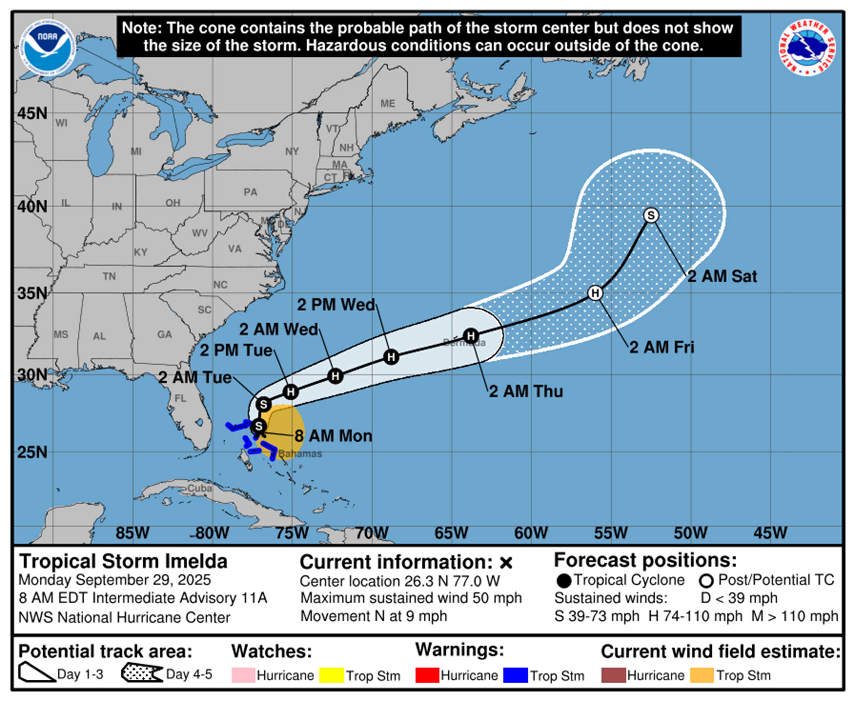 Tormenta tropical de la ruta de pronóstico de Imelda a partir de las 8 de la mañana del lunes 29 de septiembre de 2025. (NHC)