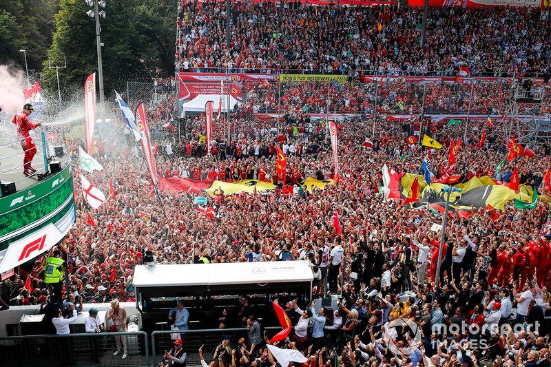 Race winner Charles Leclerc, Ferrari celebrates on the podium with the champagne