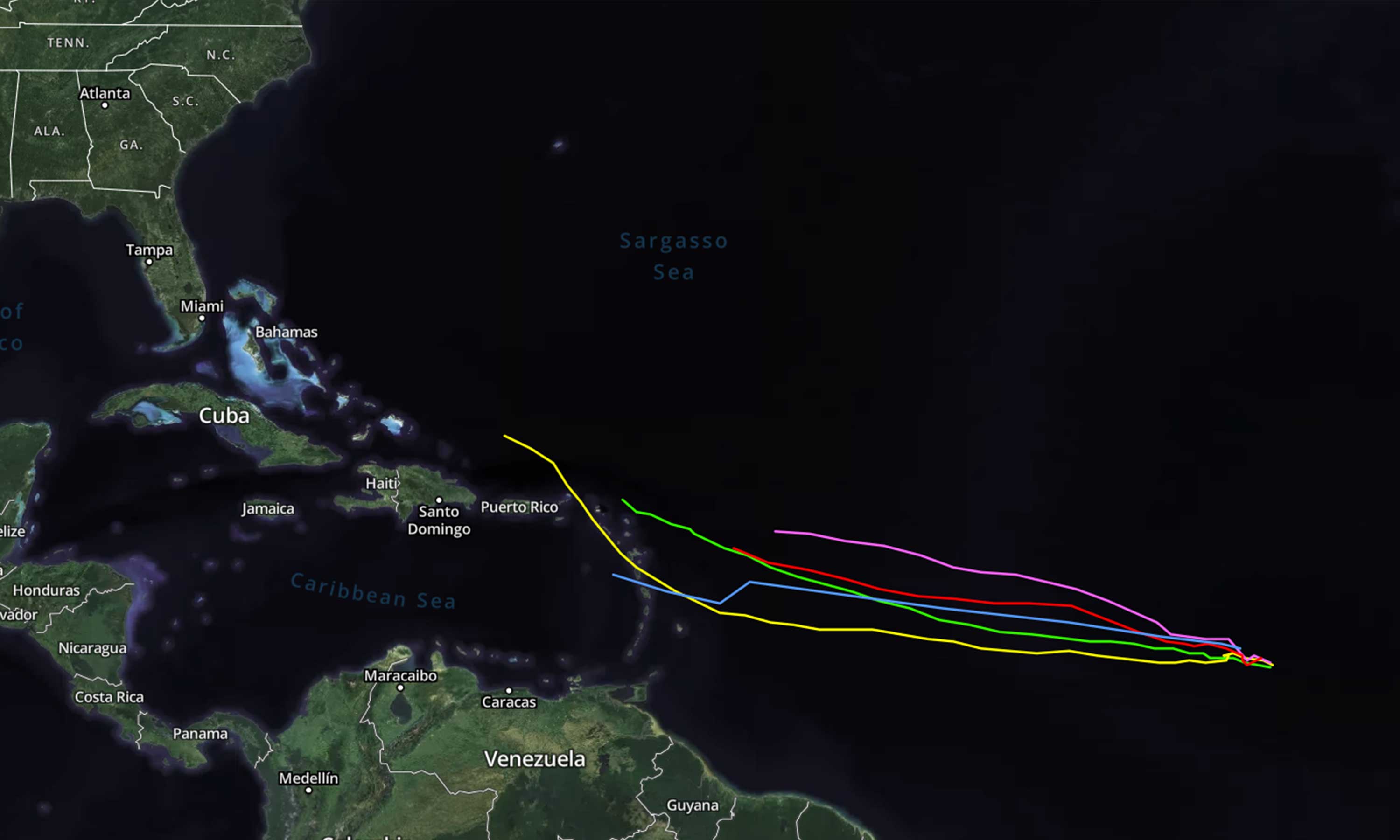 Modelos de pronóstico de computadora para el sistema Atlantic a partir del jueves por la tarde, 4 de septiembre de 2025. (Orlandosentinel.com/hurricane)