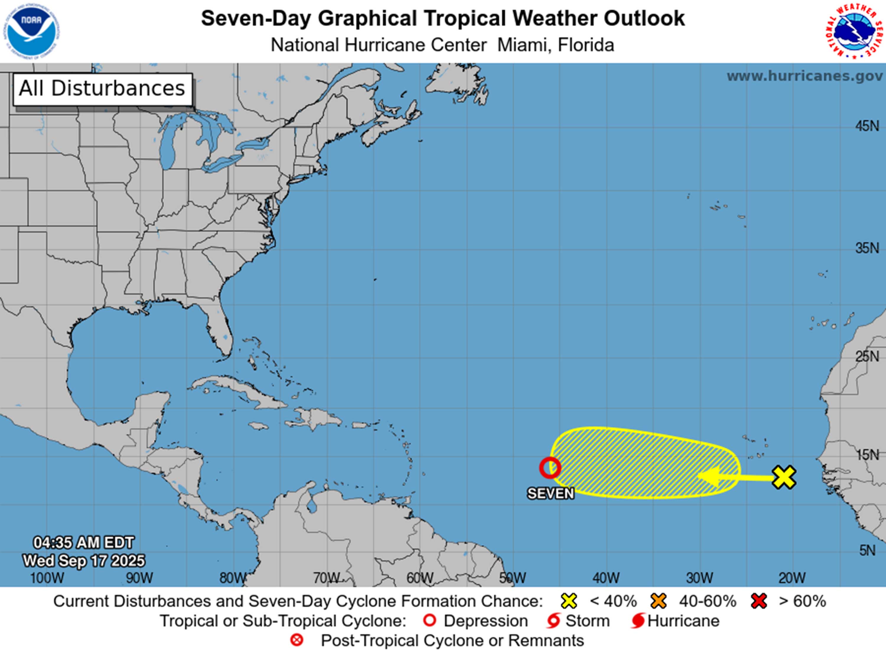 La perspectiva tropical a partir de las 5 am miércoles 17 de septiembre de 2025. (NHC)