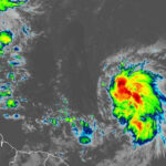 Forma de la tormenta tropical Jerry, que se pronostica que se convierte en huracán que se acerca al Caribe