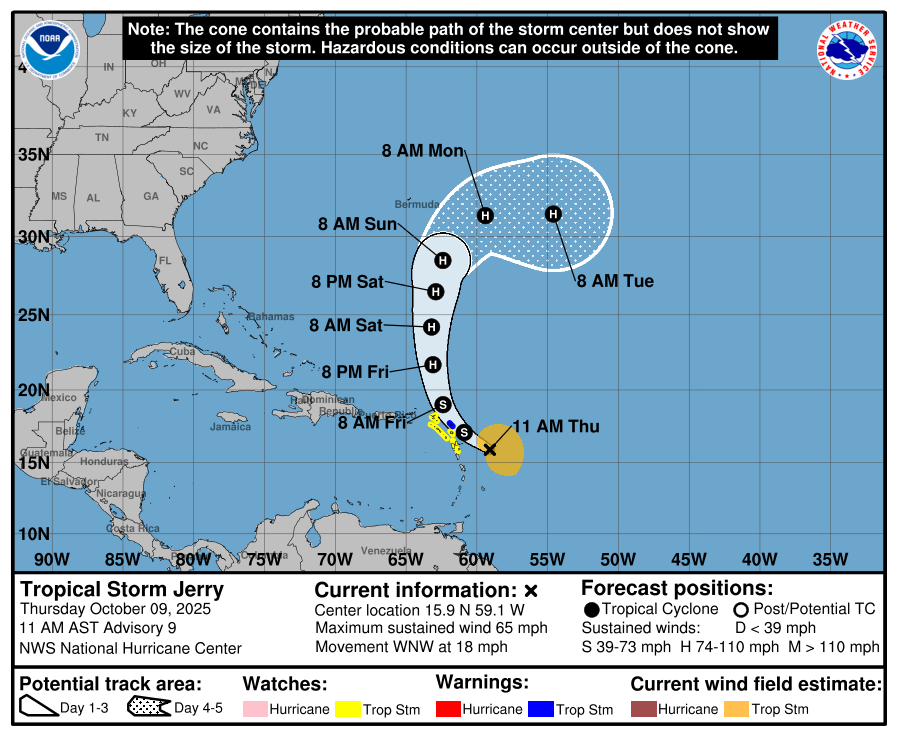 Trayectoria prevista de la tormenta tropical Jerry a las 11 a.m. del jueves 9 de octubre de 2025. (NHC)