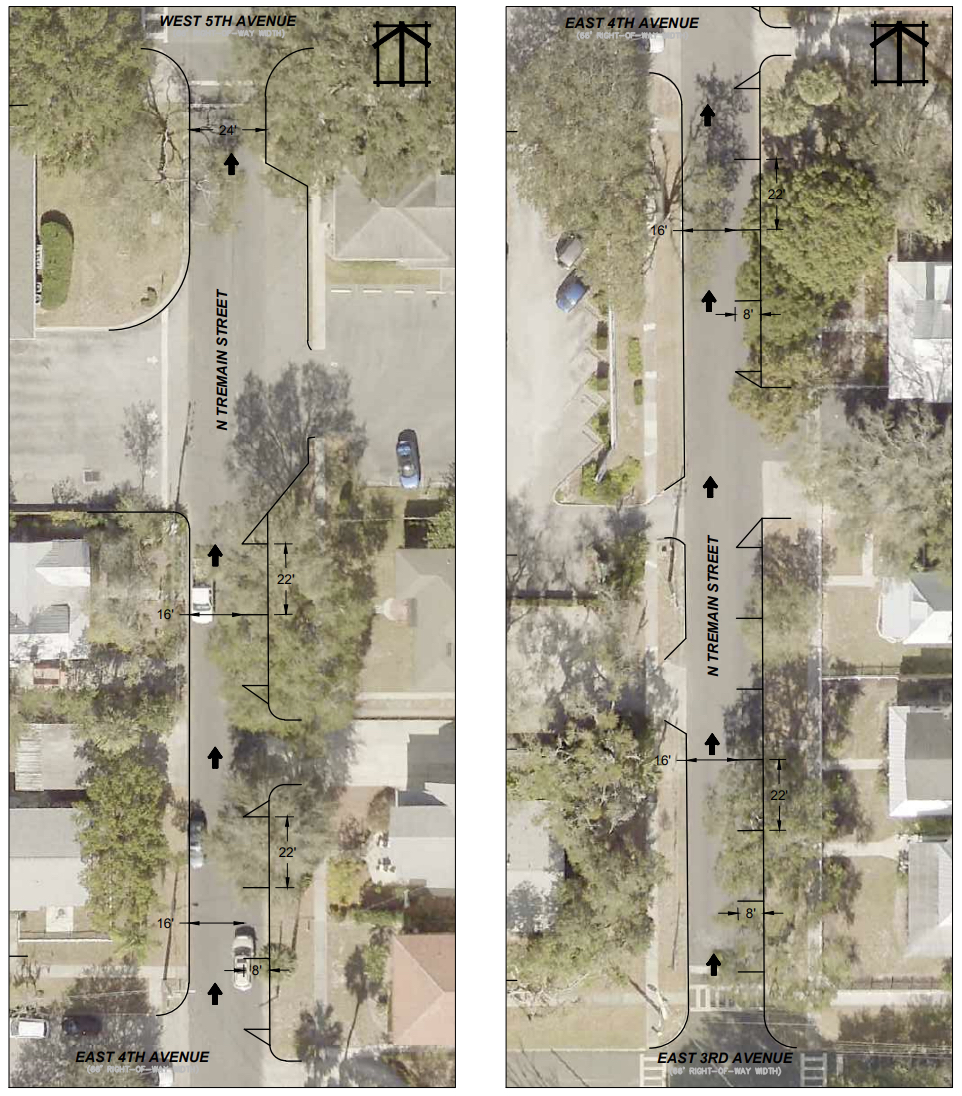 Tremain Street, una de las tres calles en el centro de Mount Dora consideradas para realineación unidireccional debido a preocupaciones de seguridad. (Consultoría CPH)