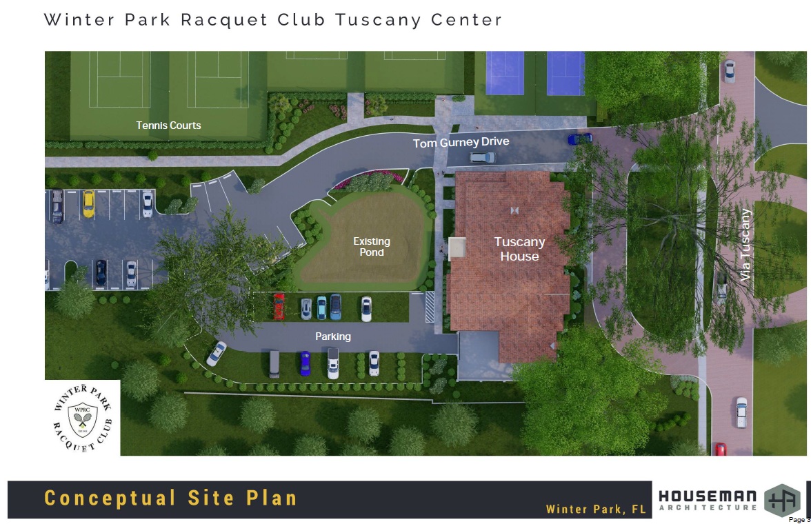 El plano conceptual del sitio para un nuevo edificio propuesto para el frente del Winter Park Racquet Club en 2111 Via Tuscany. El club quiere derribar la casa en la esquina de la propiedad en 2011 Via Tuscany para construir un edificio de un piso de 6,300 pies cuadrados.
