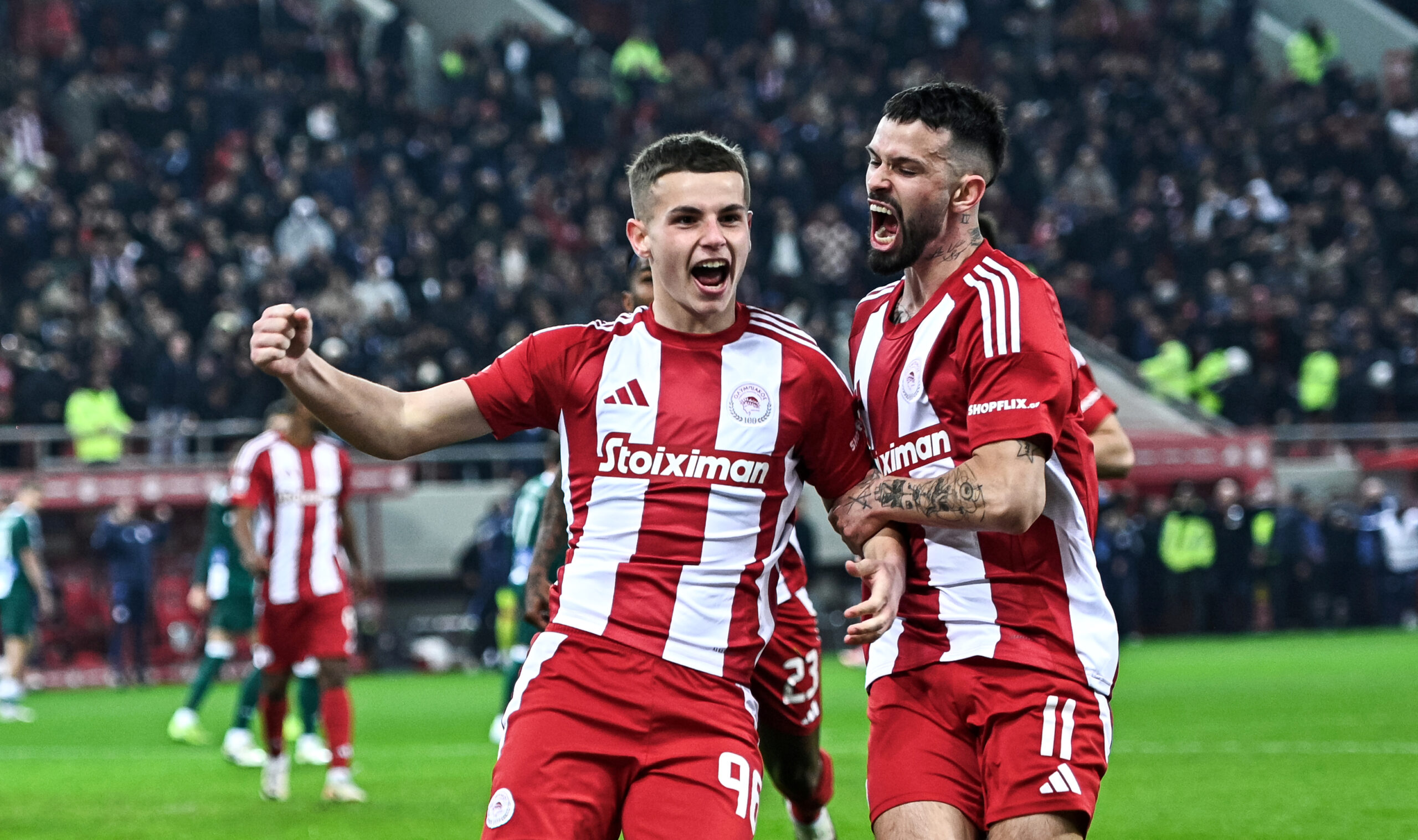 Christos Mouzakitis of Olympiacos FC celebrates a goal with his teammates during the Greek Cup, Quarter Final, Leg 2 of 2 match between Olympiacos FC and Panathinaikos FC at Georgios Karaiskakis Stadium in Piraeus, Greece, on February 5, 2025. (Photo by Stefanos Kyriazis/NurPhoto via Getty Images)