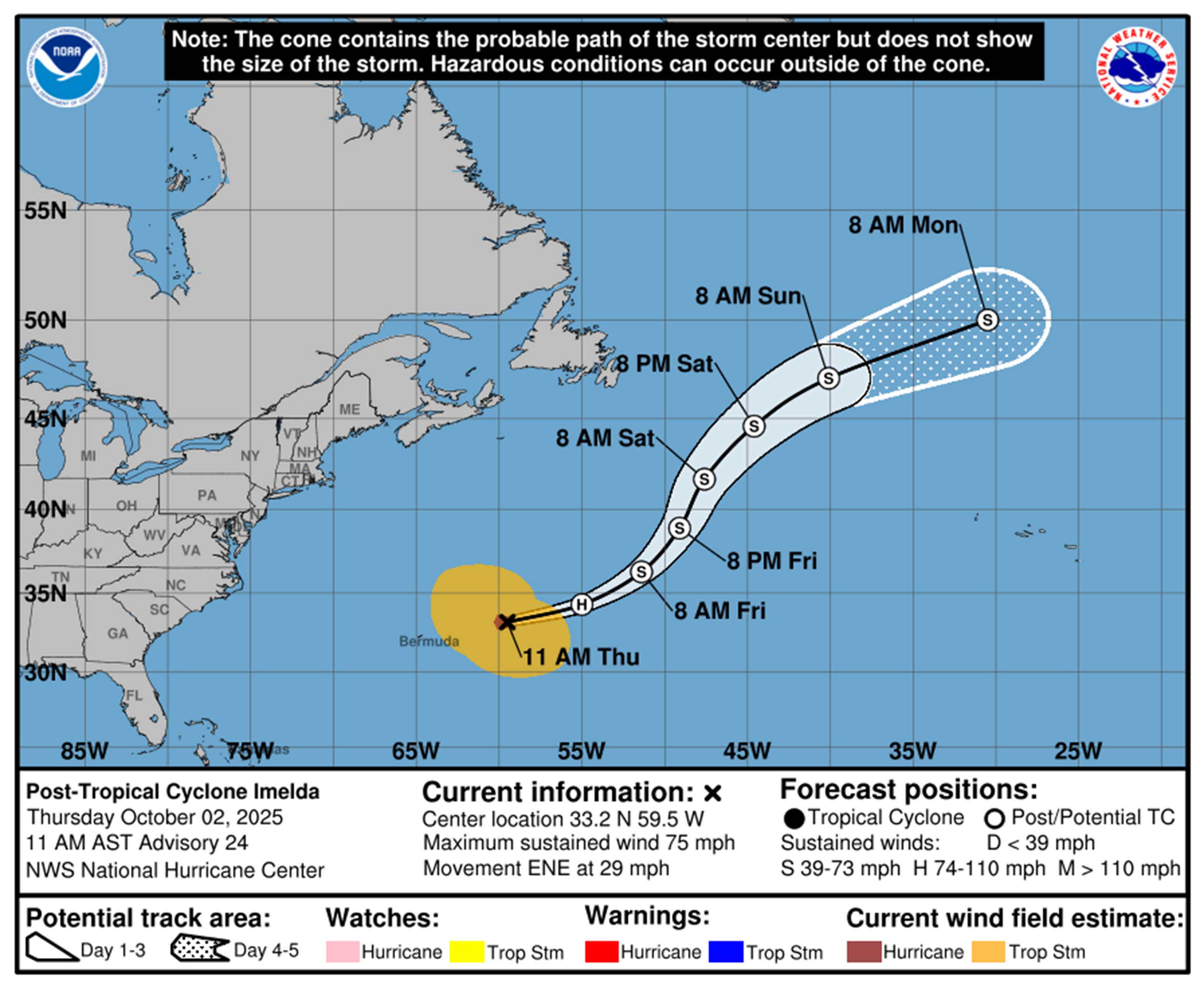 Ciclón post-tropical Ruta de pronóstico Imelda a partir de las 11 de la mañana del jueves 2 de octubre de 2025. (NHC)
