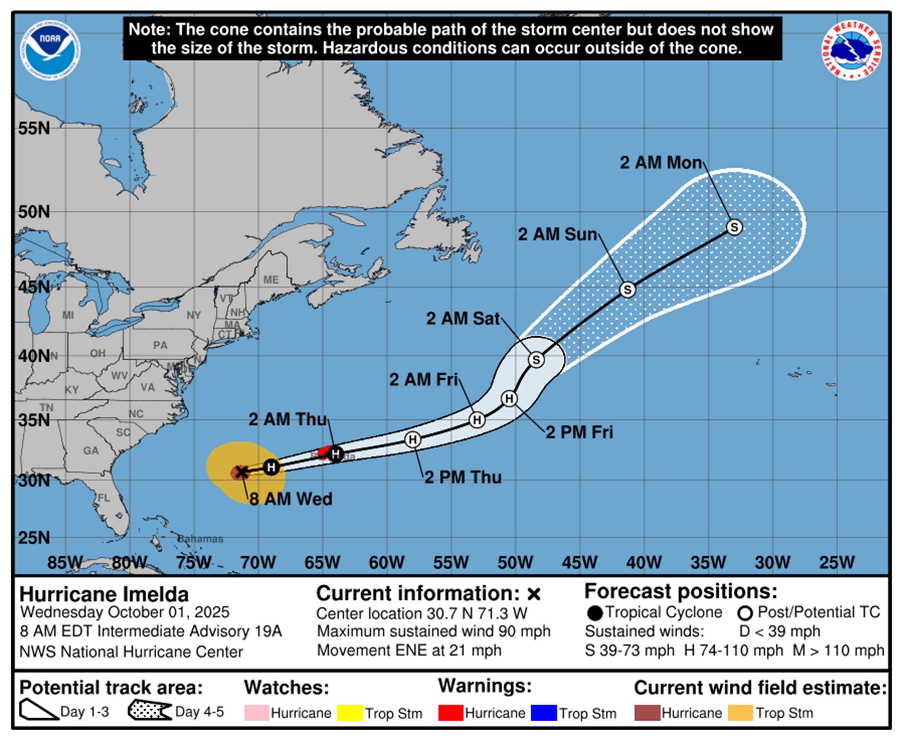 Hurricane Imelda Predast Rath a partir de las 8 de la mañana del miércoles 1 de octubre de 2025. (NHC)