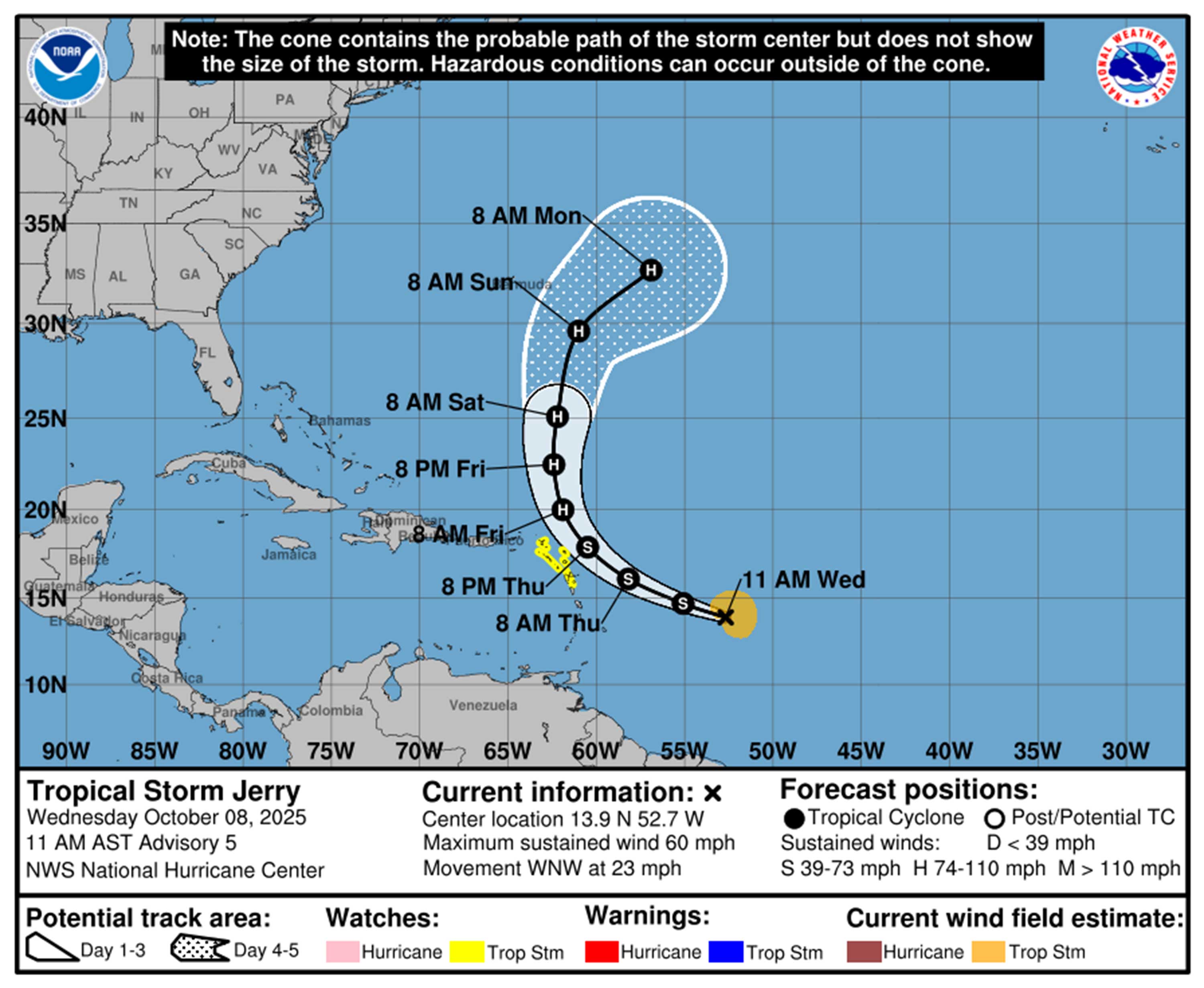 Trayectoria prevista de la tormenta tropical Jerry a las 11 a.m. del miércoles 8 de octubre de 2025. (NHC)
