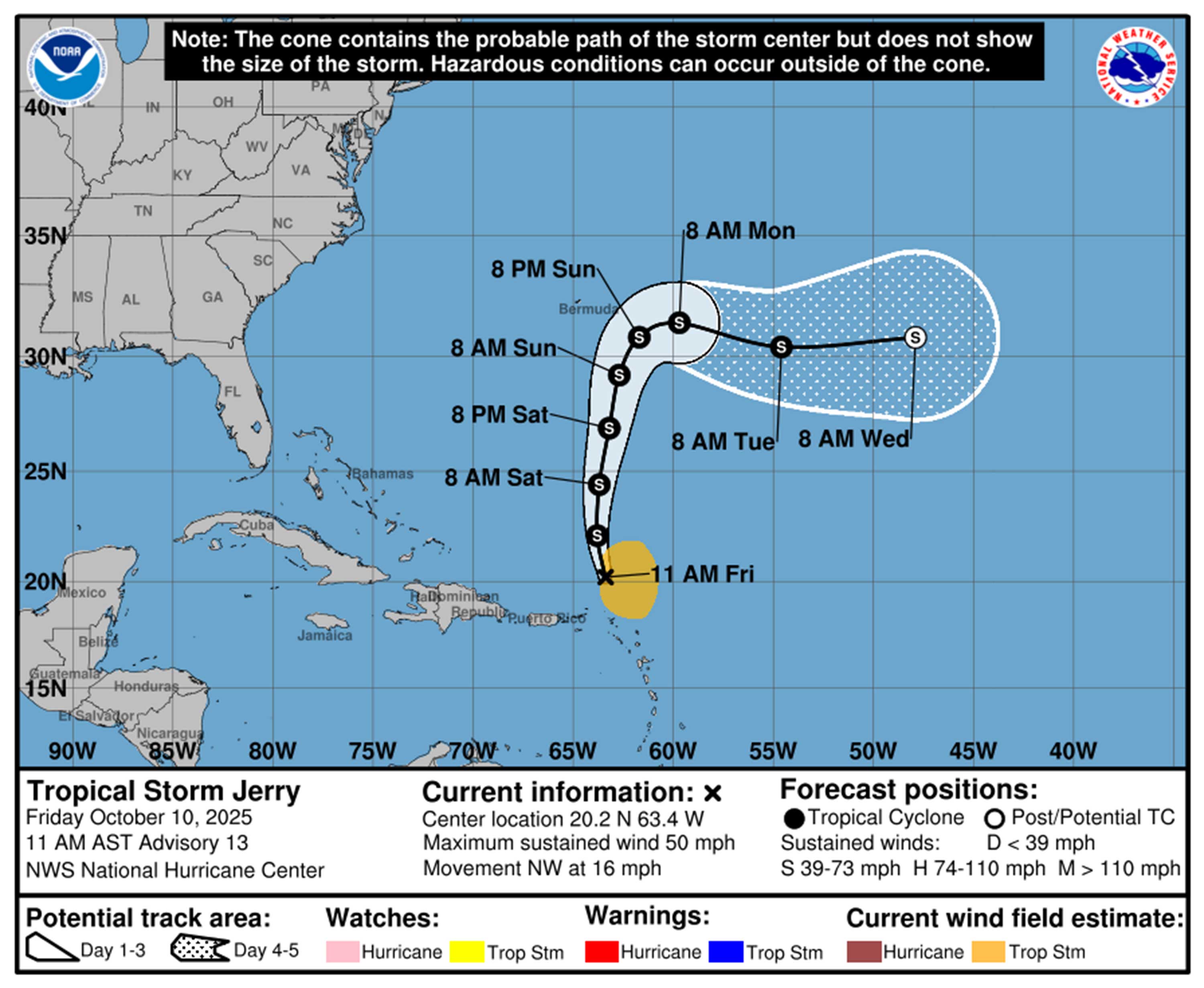 Trayectoria prevista de la tormenta tropical Jerry a las 11 a.m. del viernes 10 de octubre de 2025. (NHC)