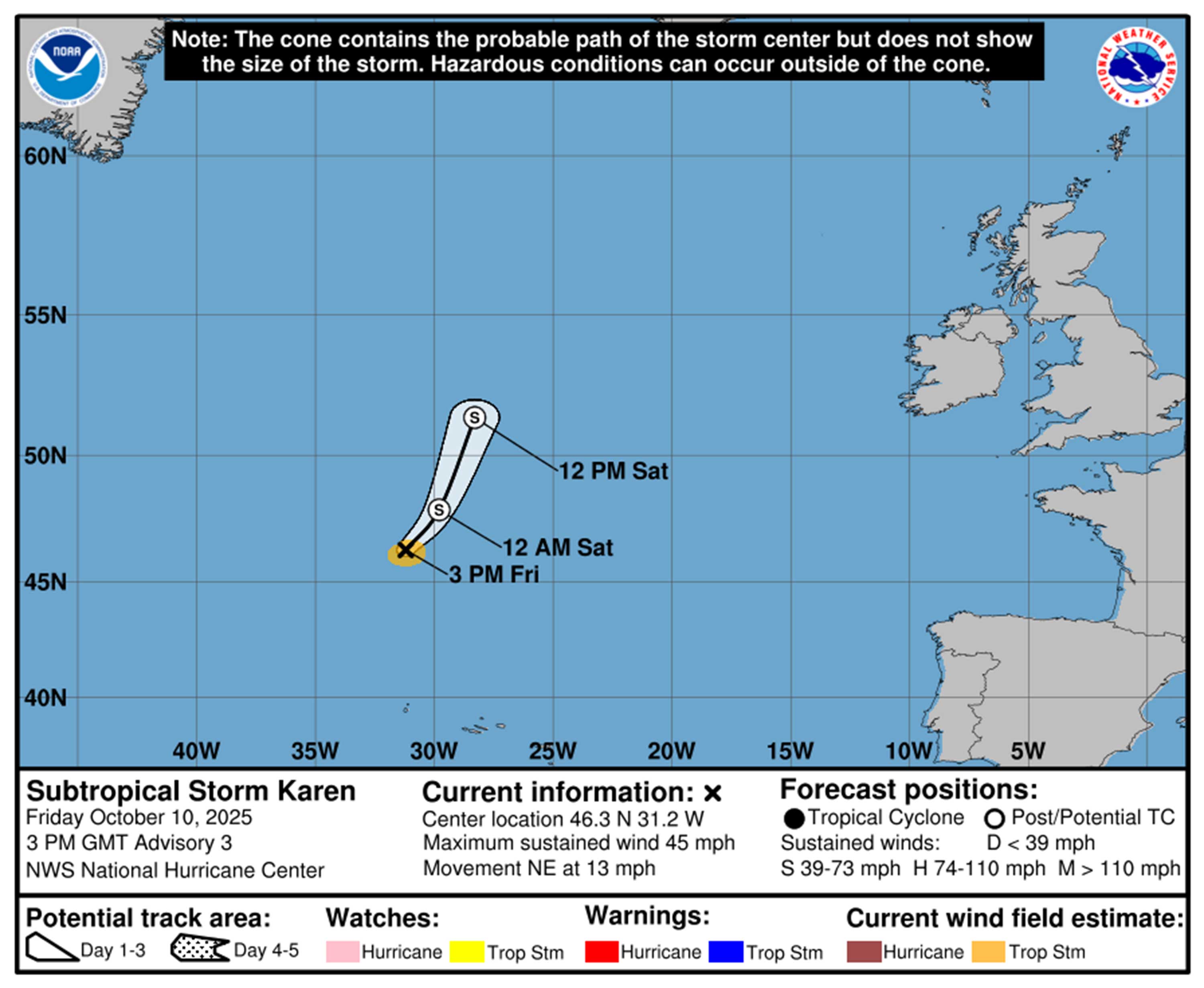 Trayectoria prevista de la tormenta subtropical Karen a las 11 a.m. del viernes 10 de octubre de 2025. (NHC)