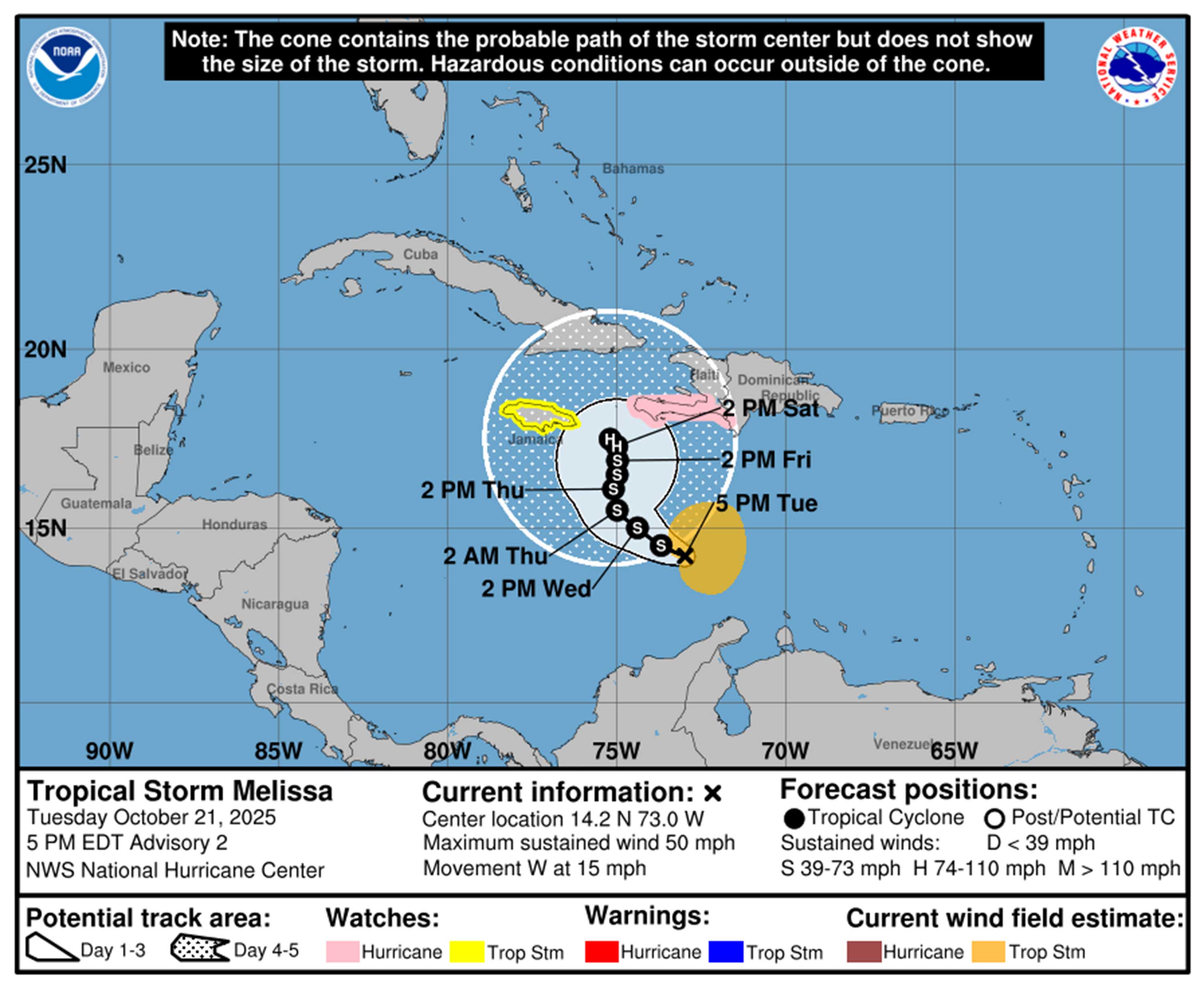 Trayectoria prevista de la tormenta tropical Melissa a las 5 p.m. del martes 21 de octubre de 2025. (NHC)