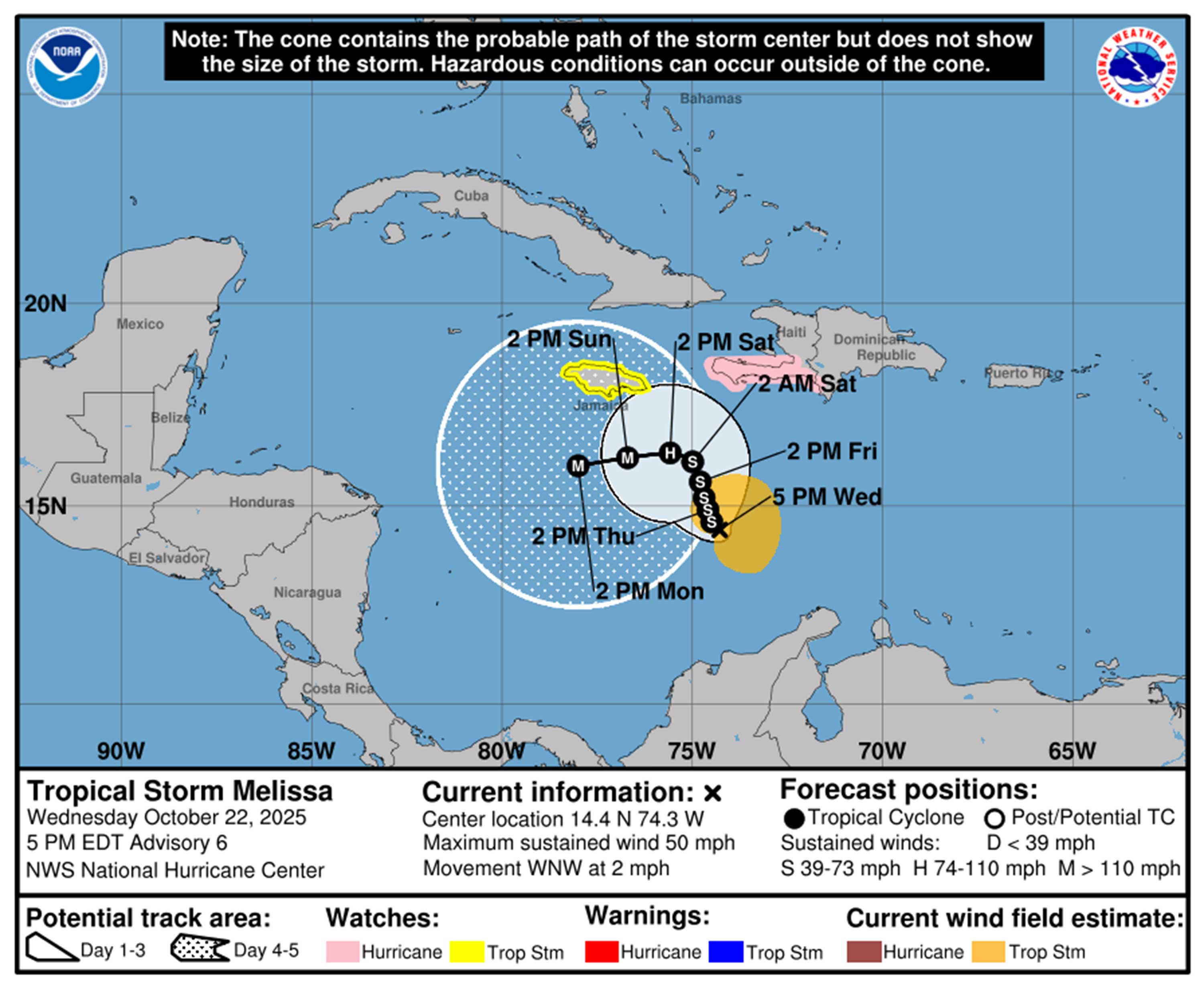 Trayectoria prevista de la tormenta tropical Melissa a las 5 p.m. del miércoles 22 de octubre de 2025. (NHC)