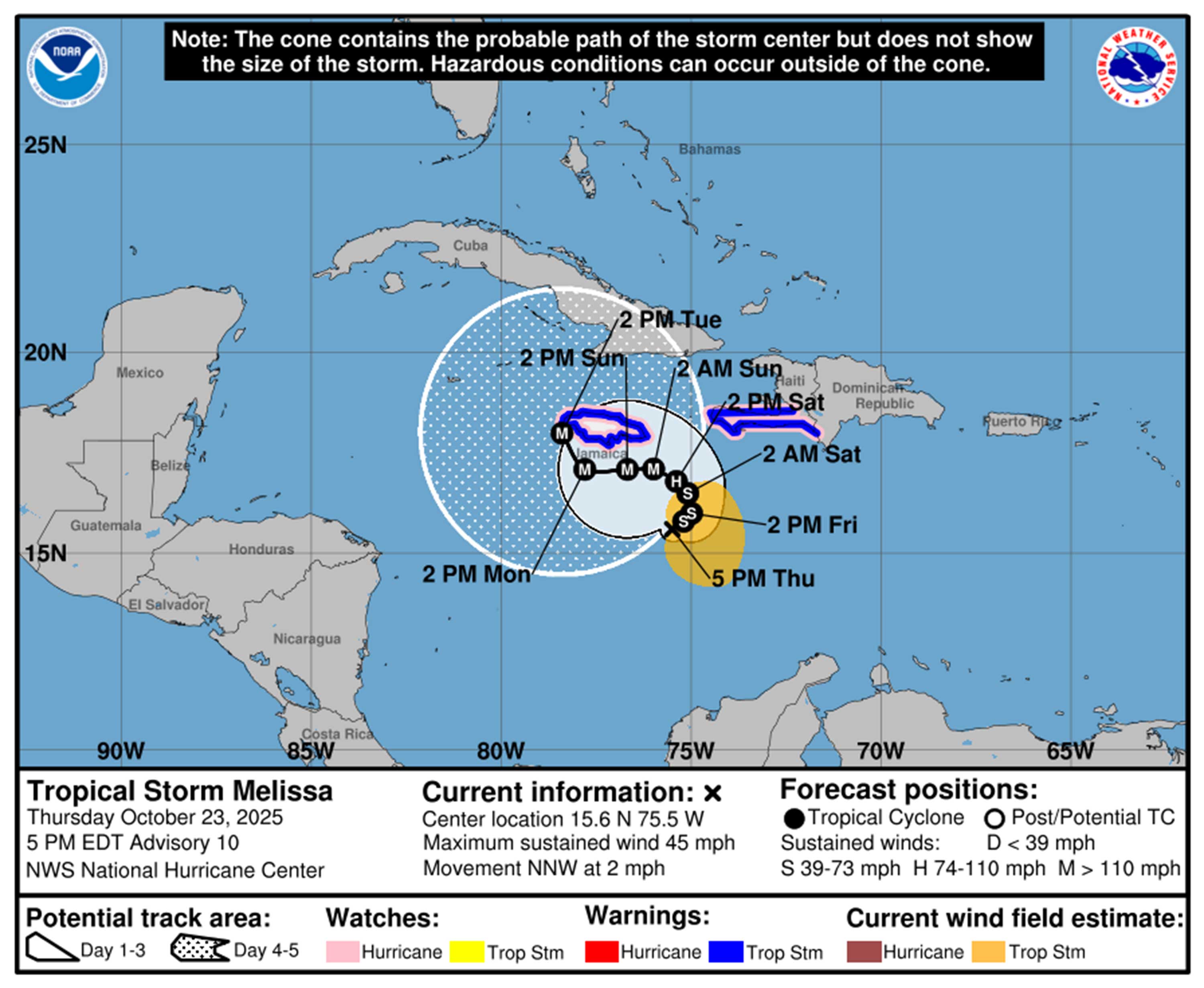 Trayectoria prevista de la tormenta tropical Melissa a las 5 p.m. del jueves 23 de octubre de 2025. (NHC)