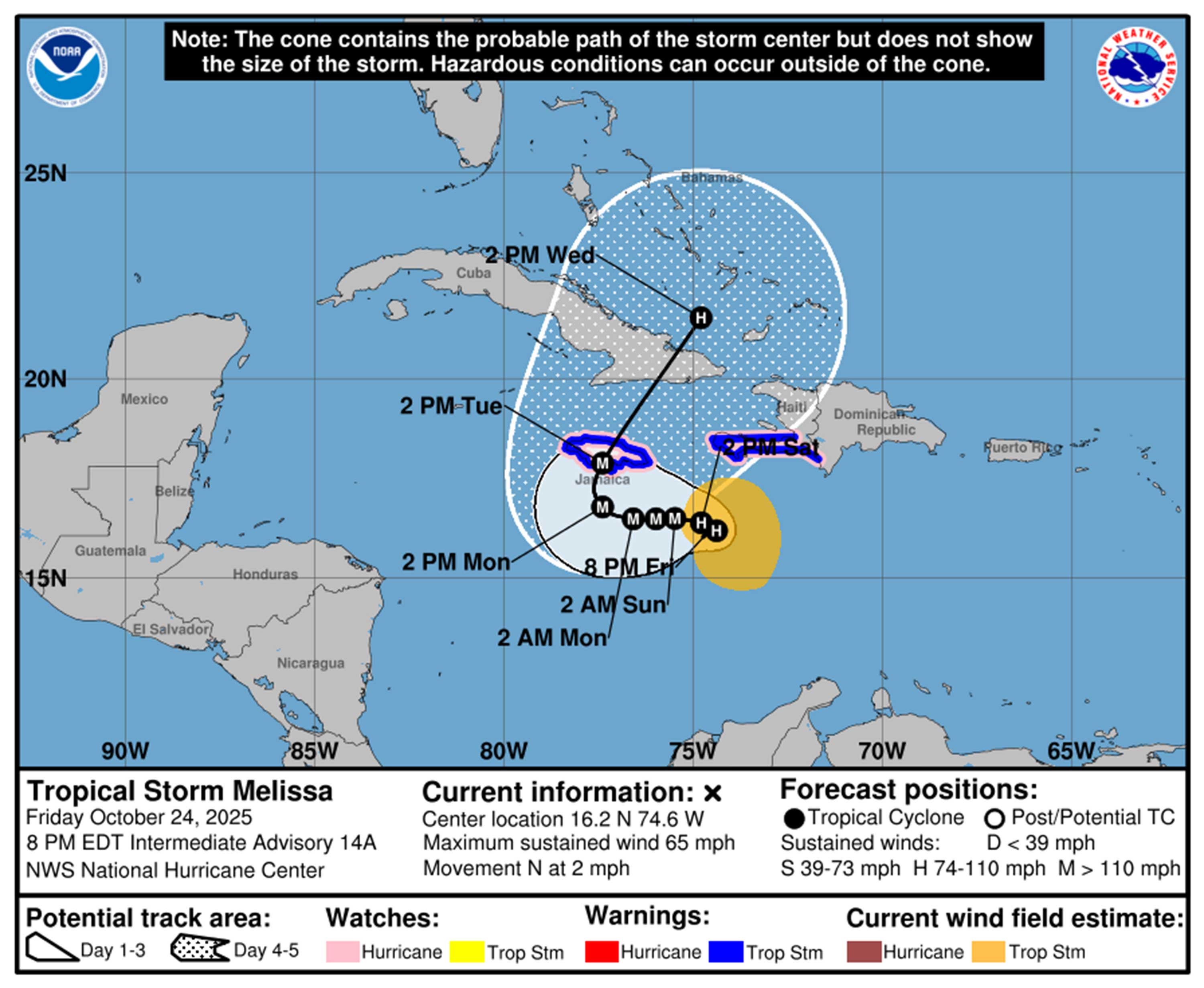 Trayectoria prevista de la tormenta tropical Melissa a las 8 p.m. del viernes 24 de octubre de 2025. (NHC)