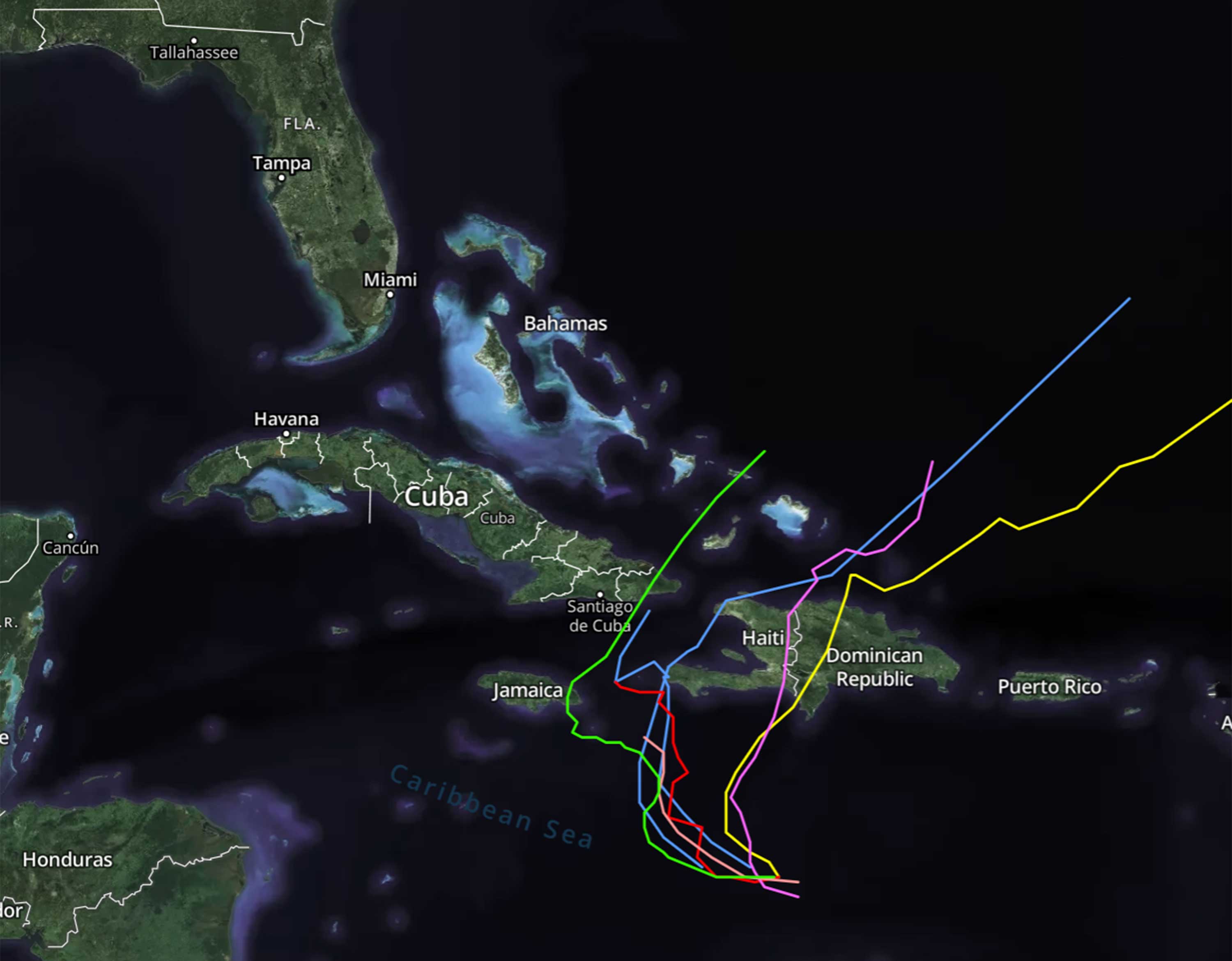 Modelos de pronóstico para la tormenta tropical Melissa a las 5 p.m. del martes 21 de octubre de 2025. (OrlandoSentinel.com/hurricane)