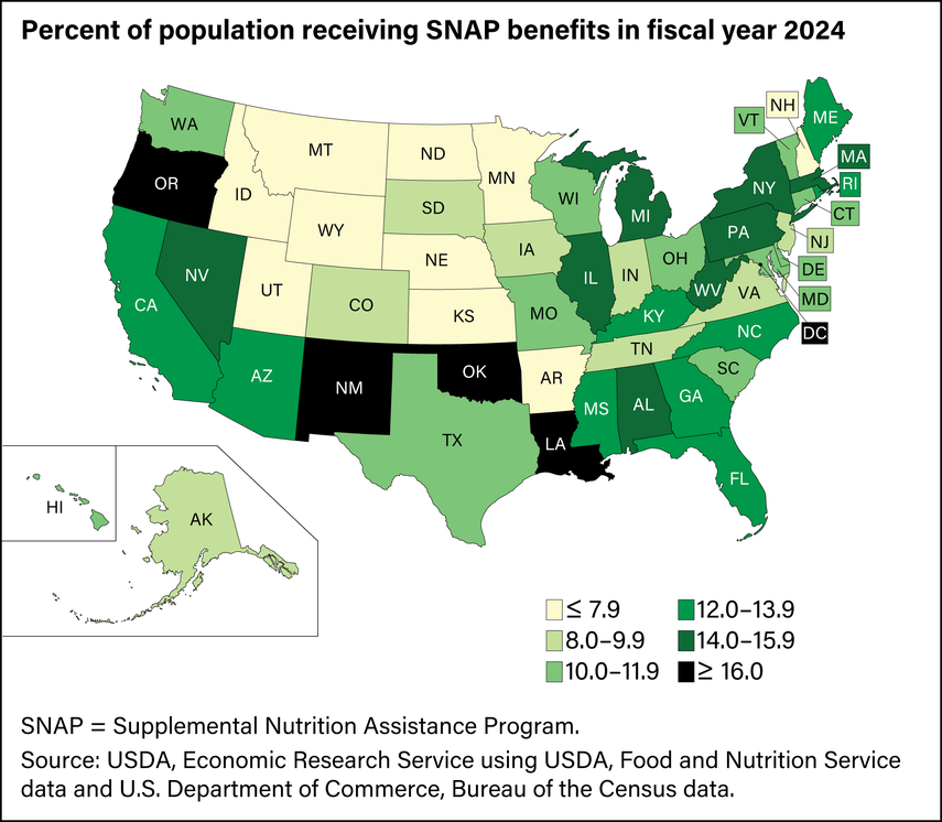 Porcentaje de la población que recibió beneficios SNAP en el año fiscal 2024.  Porcentaje de la población que recibió beneficios SNAP en el año fiscal 2024.