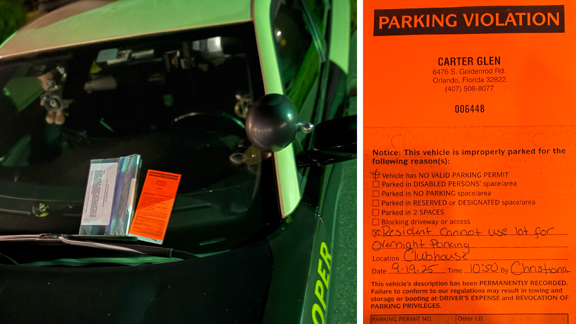 Se colocaron un aviso de advertencia y reglas de estacionamiento en el parabrisas del soldado de la patrulla de la soldado Eduardo Hernández hace dos semanas después de haber sido advertido sobre el estacionamiento de su vehículo durante la noche en el estacionamiento de los invitados, que está en contra de las reglas de la asociación, pero se adelantó a la ley estatal. (Cortesía Eduardo Hernández)