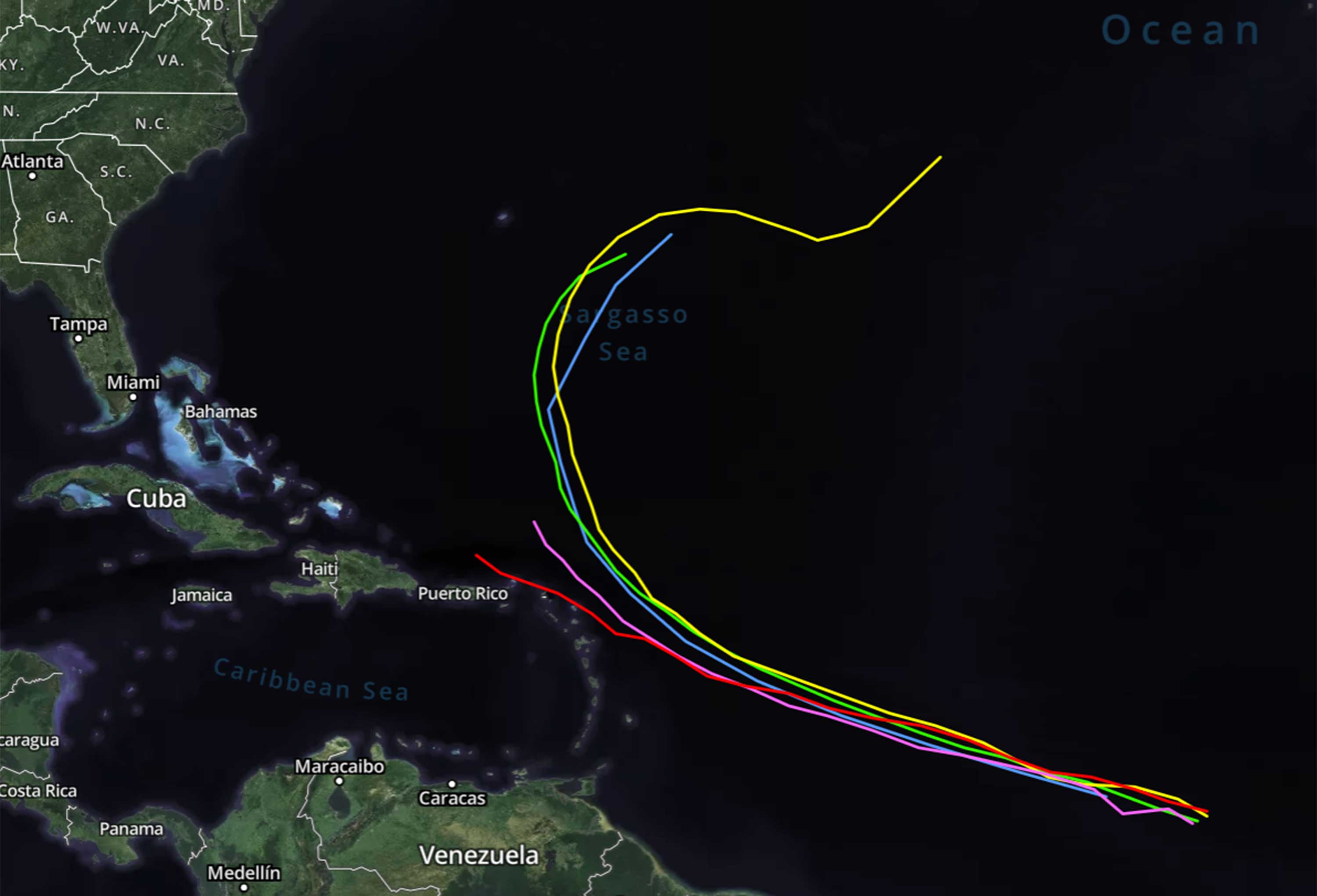 El modelo de pronóstico para Invest 95L en el Atlántico el lunes por la tarde, 6 de octubre de 2025. (Orlandosentinel.com/hurricane)