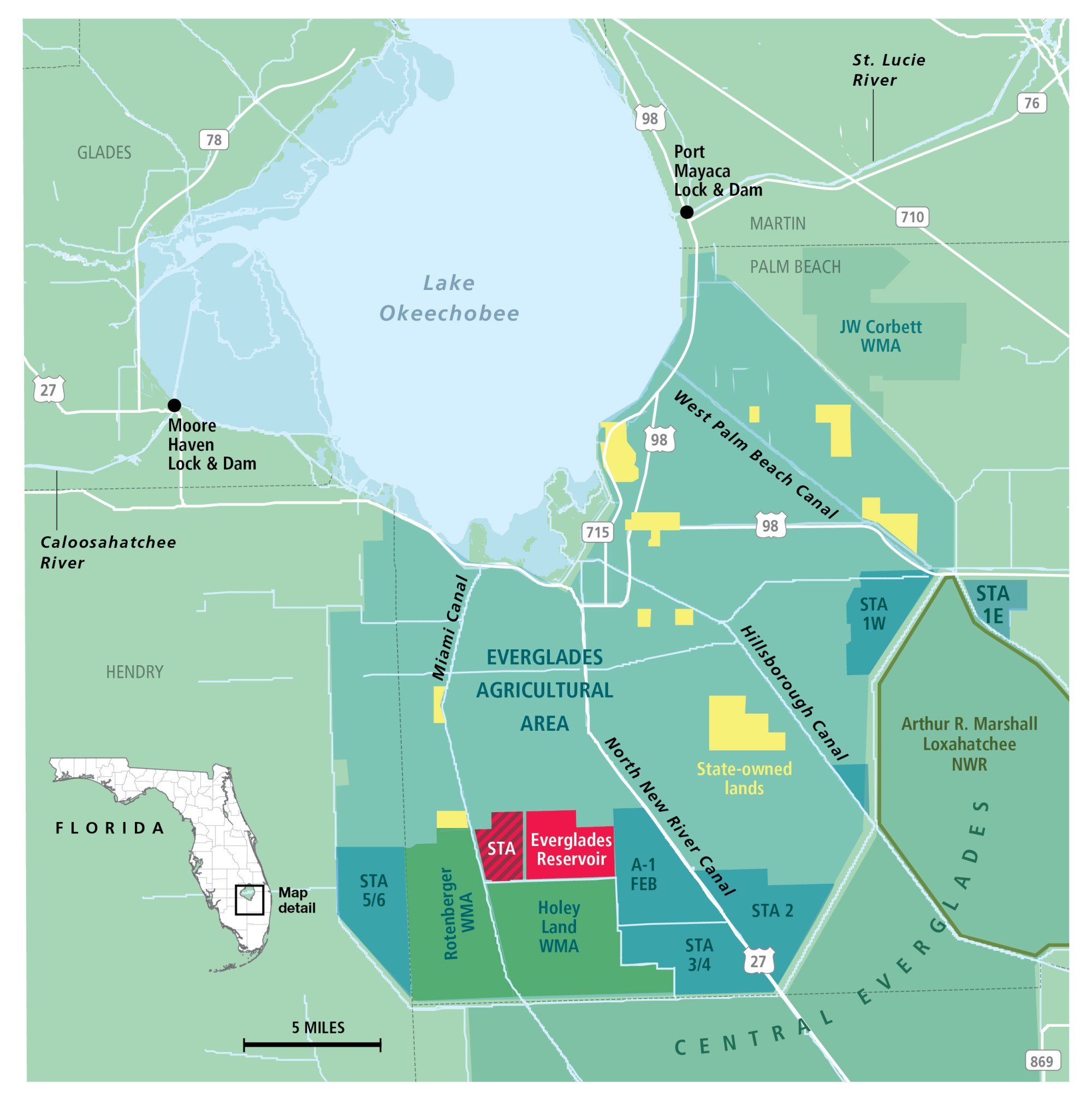 Un mapa muestra el embalse de la EAA en rojo. El embalse y sus pantanos de tratamiento de aguas pluviales almacenarán agua del lago Okeechobee, la limpiarán y la enviarán hacia el sur, donde eventualmente llegará al Parque Nacional Everglades.