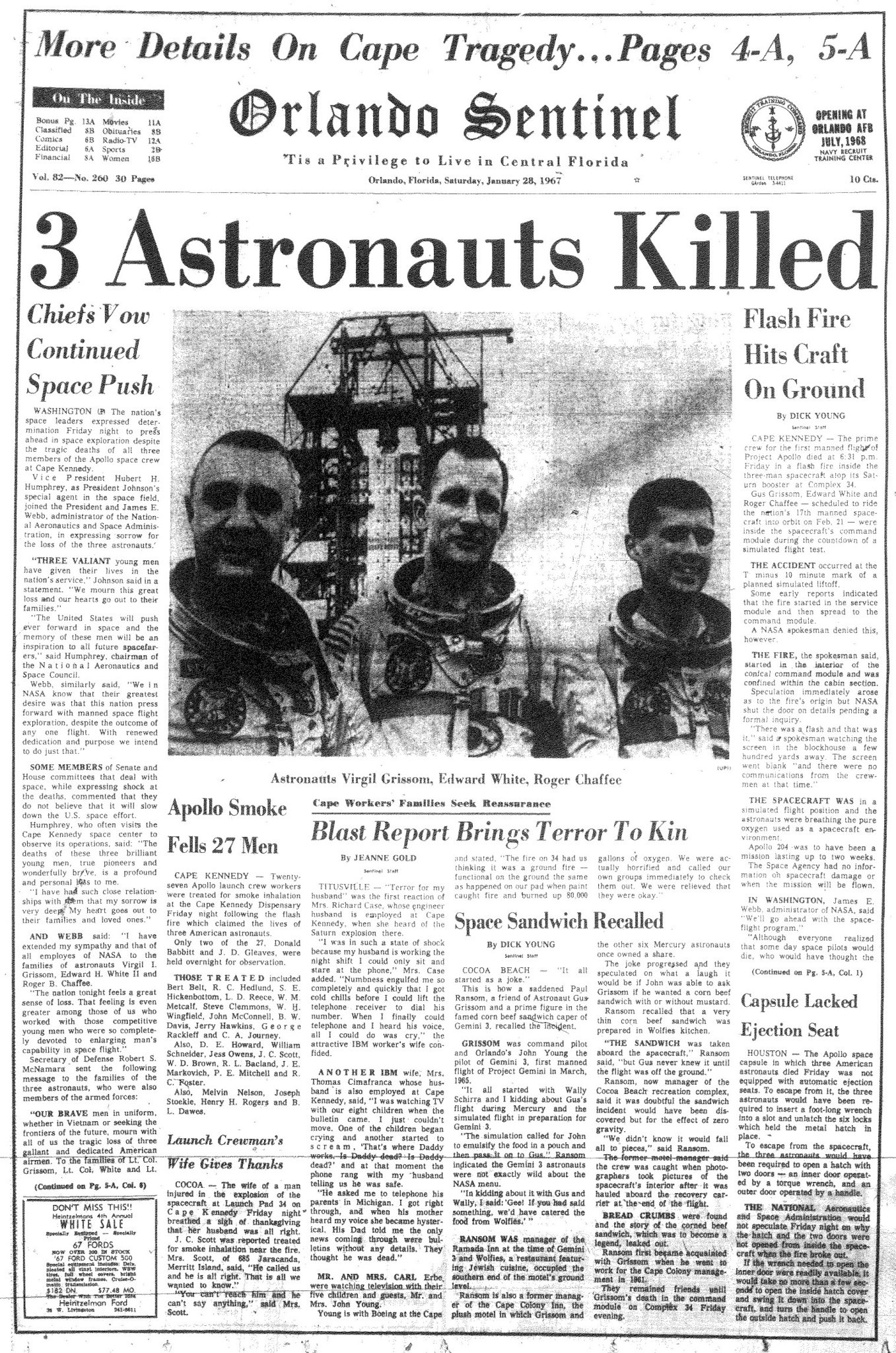 Portada del Orlando Sentinel del 28 de enero de 1967 con cobertura de accidentes del Apolo 1.