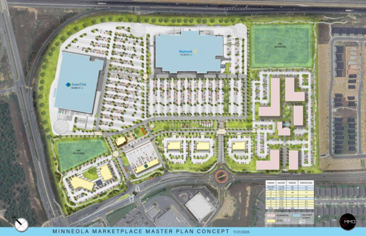El plan maestro conceptual para el desarrollo propuesto de Minneola Marketplace muestra grandes tiendas minoristas Walmart y Sam's Club, un complejo de apartamentos, espacios verdes para eventos comunitarios y algunos lugares para restaurantes potenciales dentro de uno de los dos centros comerciales trazados para la comunidad más grande planificada de Hills of Minneola. (Plano conceptual de Massa Multimedia Arquitectura)
