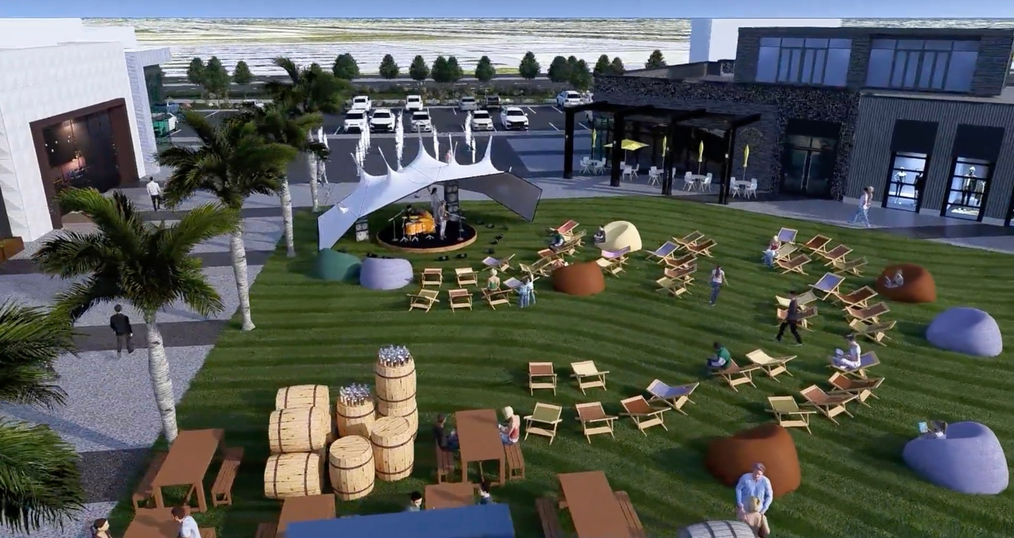 Se espera que el centro urbano de uso mixto propuesto por Minneola Marketplace incluya amplios espacios verdes para reuniones y eventos comunitarios. (Representación de Massa Multimedia Architecture)