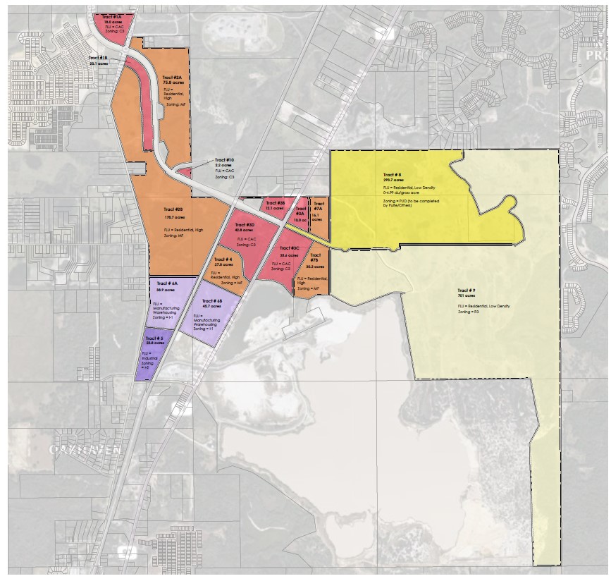 El plan maestro exige desarrollo comercial (rojo) en las cuatro esquinas de la intersección. También asigna uso de suelo residencial de alta densidad (naranja) y residencial de baja densidad (amarillo) a otros grupos, incluido el sitio de Pulte. Los sitios industriales y de distribución se muestran en violeta. (Plan maestro de Stantec)