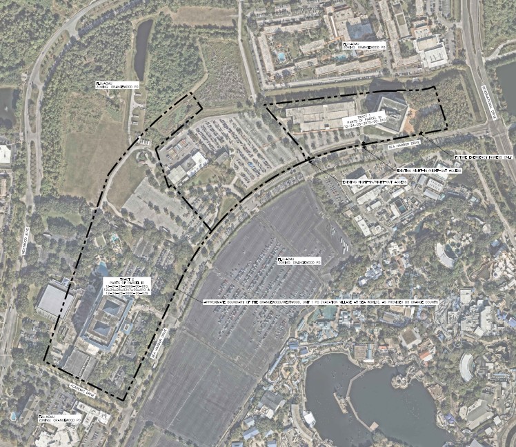 El PD propuesto para SeaWorld Vacation Village requiere hasta 670 unidades multifamiliares en Sea Harbor Drive, frente a SeaWorld Orlando. (Mapa de Kimley-Horn)
