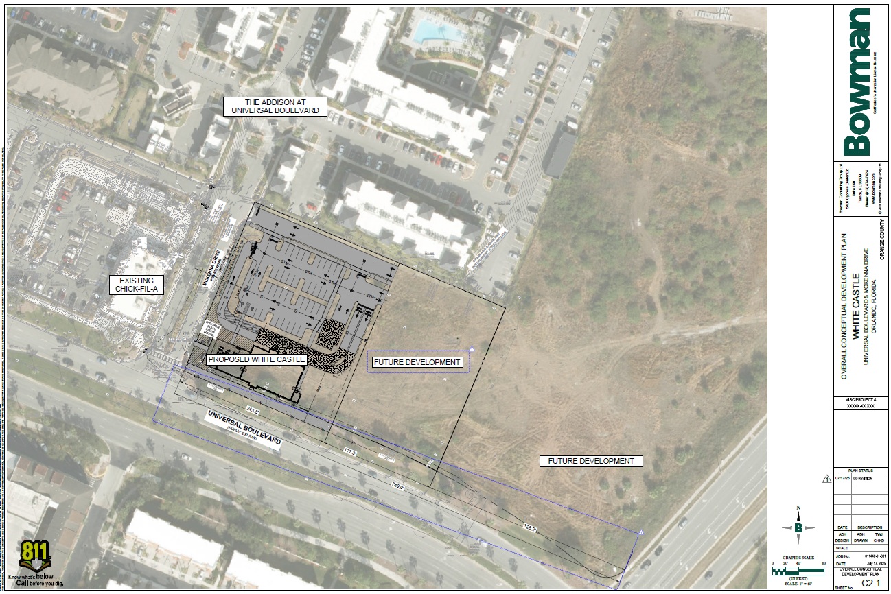 Planos para un restaurante White Castle en un terreno en la esquina de Universal Avenue y McKenna Drive. presentada en julio de 2025 ante el Condado de Orange. El proyecto se retiró en octubre de 2025. La parcela de terreno de 2,6 acres cerca del parque temático Epic Universe se vendió a finales de enero por 9 millones de dólares. (Cortesía del Condado de Orange)