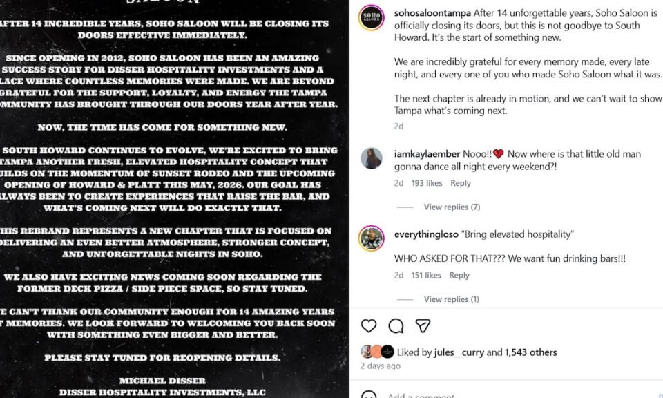 El bar deportivo Tampa SoHo cierra sus puertas después de 14 años