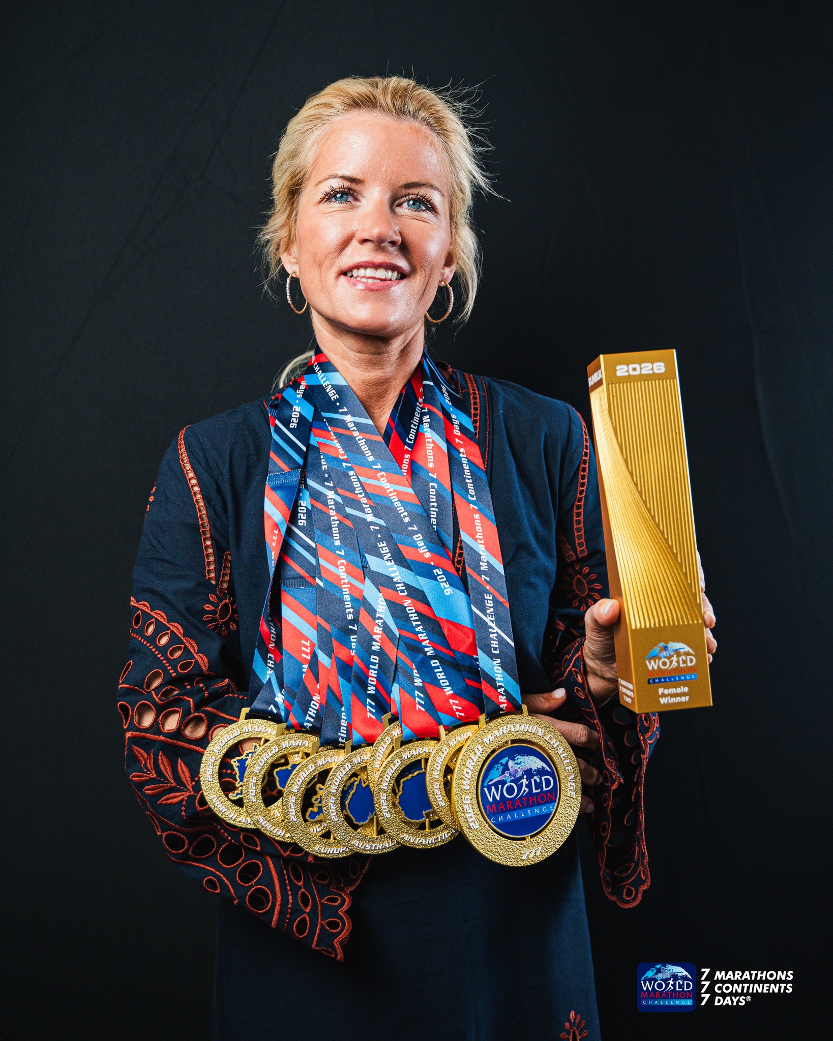 Beth Reed, residente de Orlando, muestra su colección de medallas luego del World Marathon Challenge, en el que corredores completaron siete maratones en la misma cantidad de días en los siete continentes. (Max Moody/Cortesía de World Marathon Challenge)