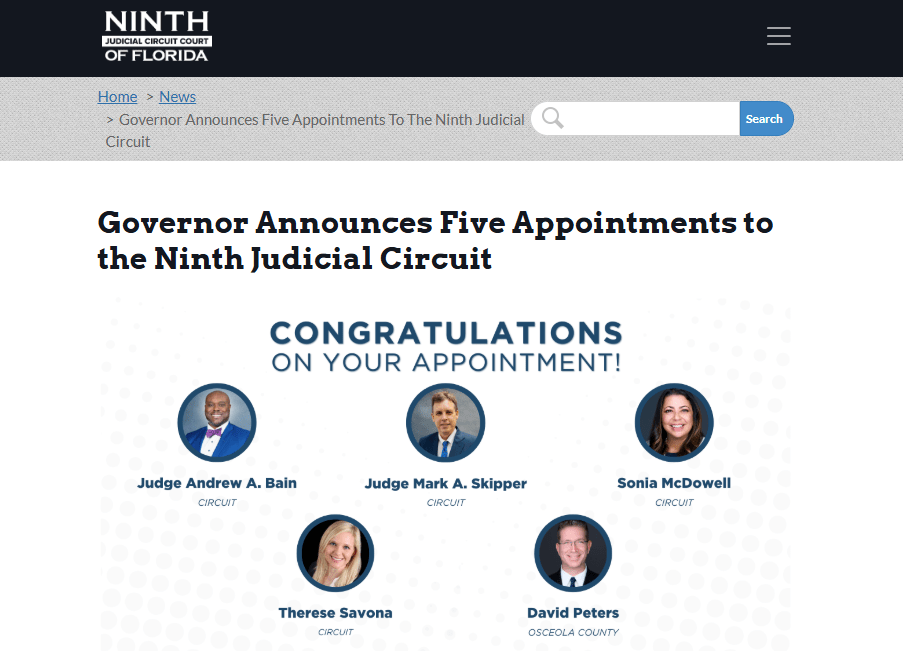 El Noveno Circuito Judicial anuncia cinco nombramientos judiciales por parte del gobernador Ron DeSantis en su sitio web. (Cortesía de inthcircuit.org)