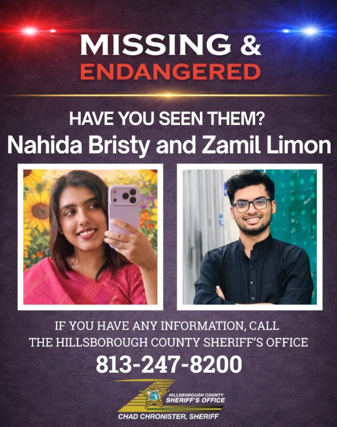 Un volante de personas desaparecidas de dos estudiantes de la Universidad del Sur de Florida difundido por la Oficina del Sheriff del condado de Hillsborough.