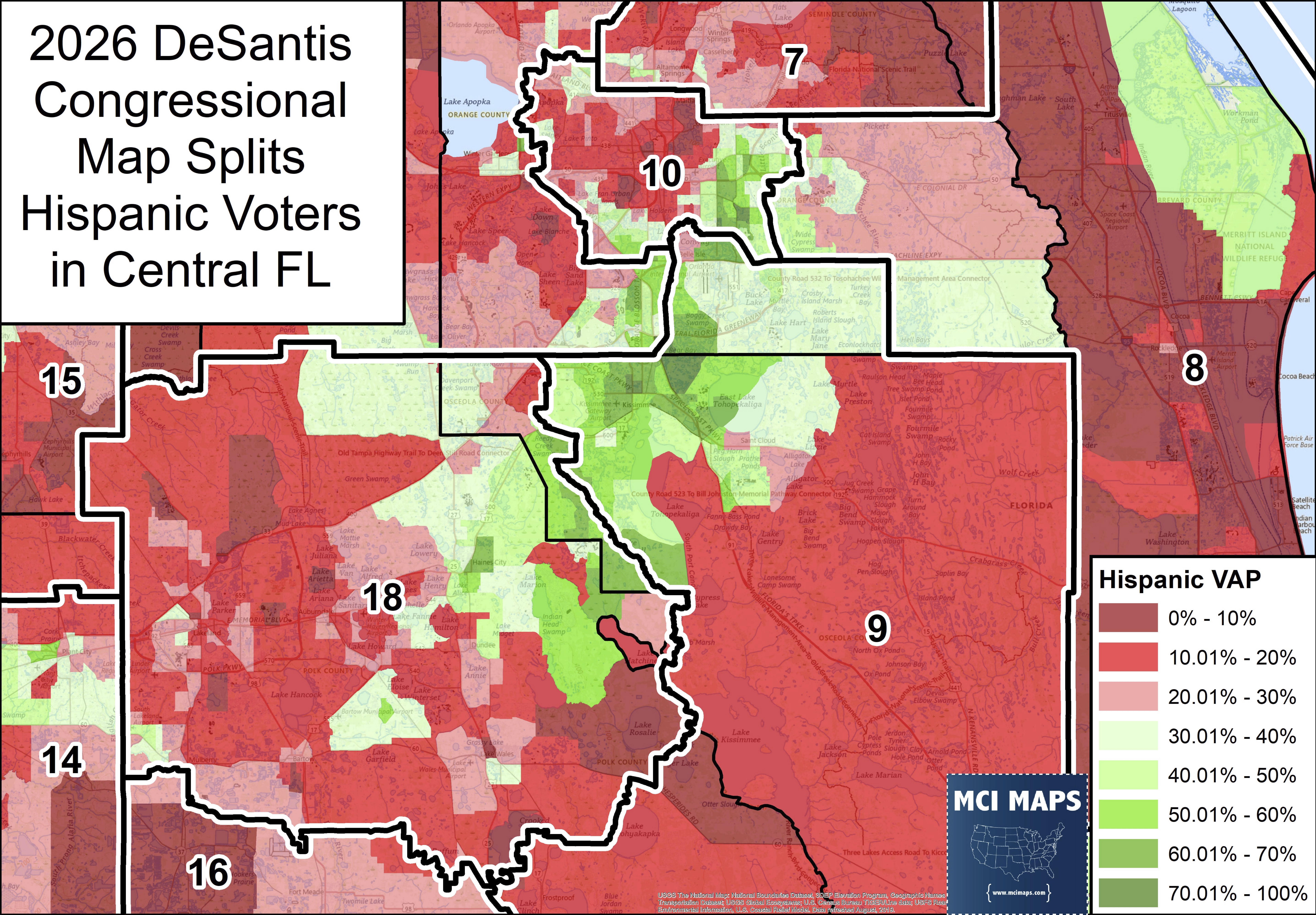 El consultor político demócrata Matt Isbell creó este mapa que muestra la distribución de la población hispana en edad de votar (VAP) en Florida Central bajo la redistribución de distritos propuesta por el Congreso por el gobernador Ron DeSantis. El Distrito 10, ahora en manos del demócrata de Orlando Maxwell Frost, sería el único distrito de tendencia demócrata en la región. El Distrito 9 reconfigurado perdería su actual mayoría hispana y ganaría votantes republicanos, lo que plantearía un desafío a la reelección para el actual demócrata de Osceola, Darren Soto. (Cortesía de Matt Isbell, MCI Maps)