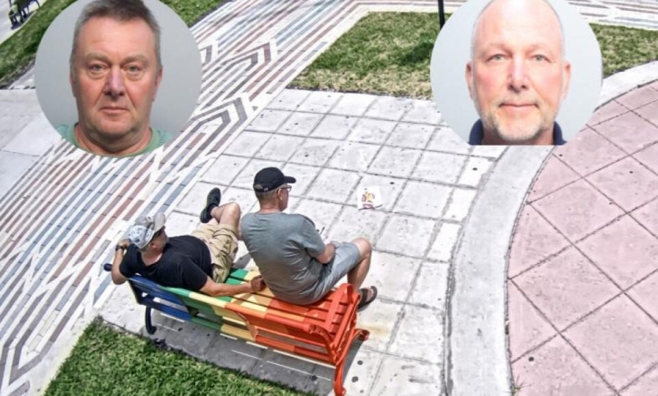 Tras las rejas: dos turistas vandalizan un banco de Lummus Park con mensajes antisemitas