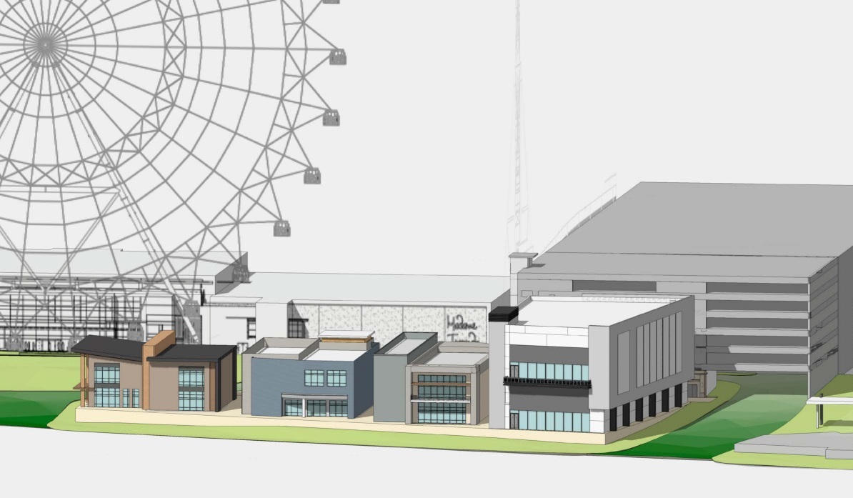 Una representación muestra los nuevos edificios comerciales con el estacionamiento ampliado al fondo. El Museo de Arte estaría en el edificio blanco del extremo derecho. (Representación de Huitt-Zollars)
